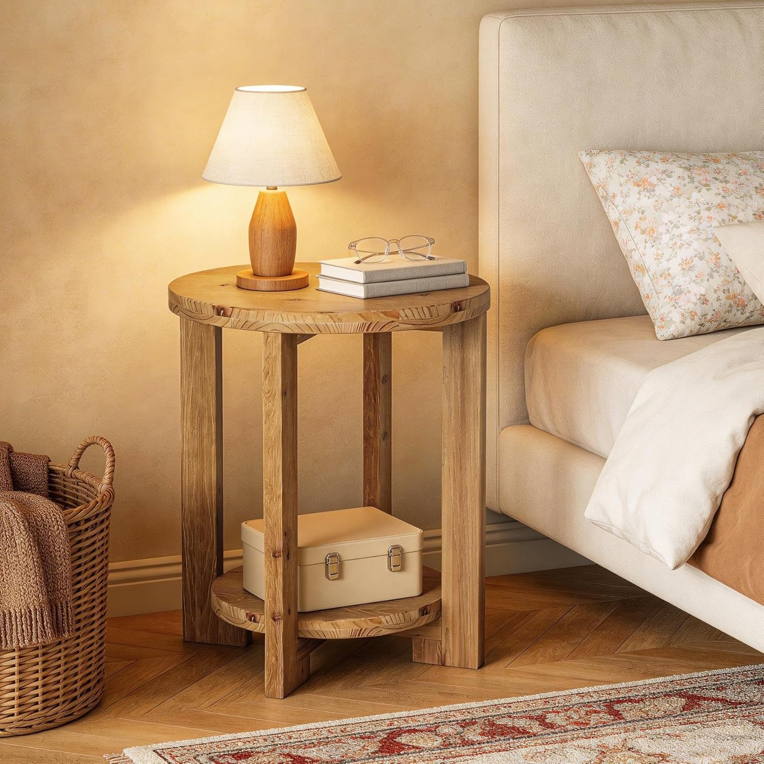 50cm 2-Tier Round End Table, Wooden Accent Table & Night Table for Living Room