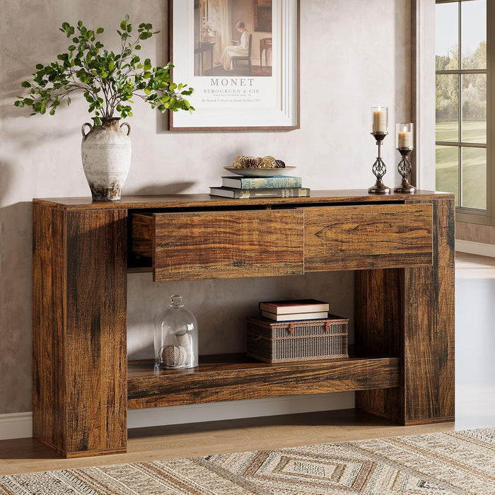 140cm Console Table, Rustic Brown 2-Drawer 2-Tier Narrow Hallway Table