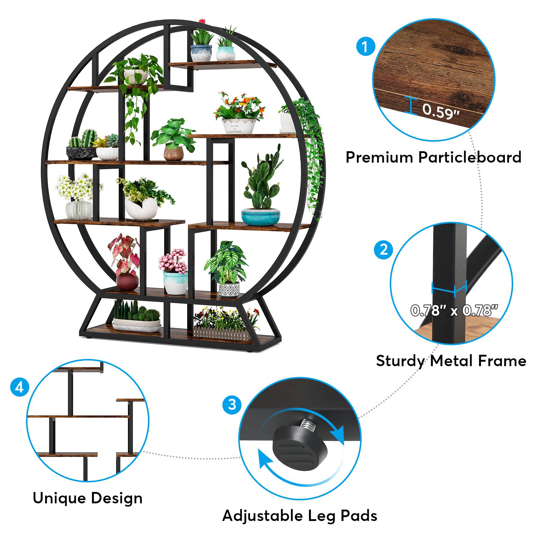 63" Round Plant Stand, Flower Pot Plant Rack with 8 Shelves