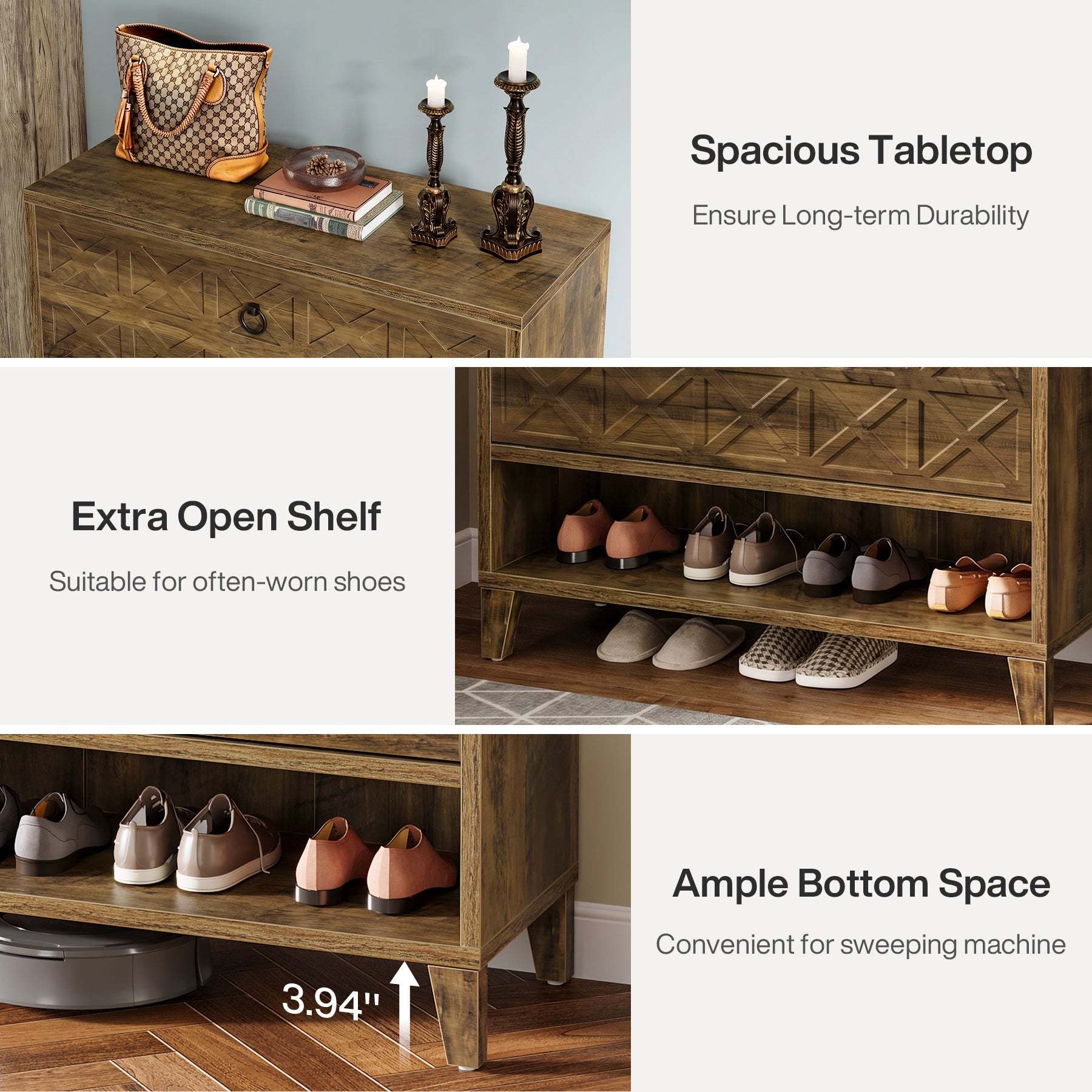 Wood Shoe Cabinet, Shoe Storage Organizer with 2 Flip Drawers