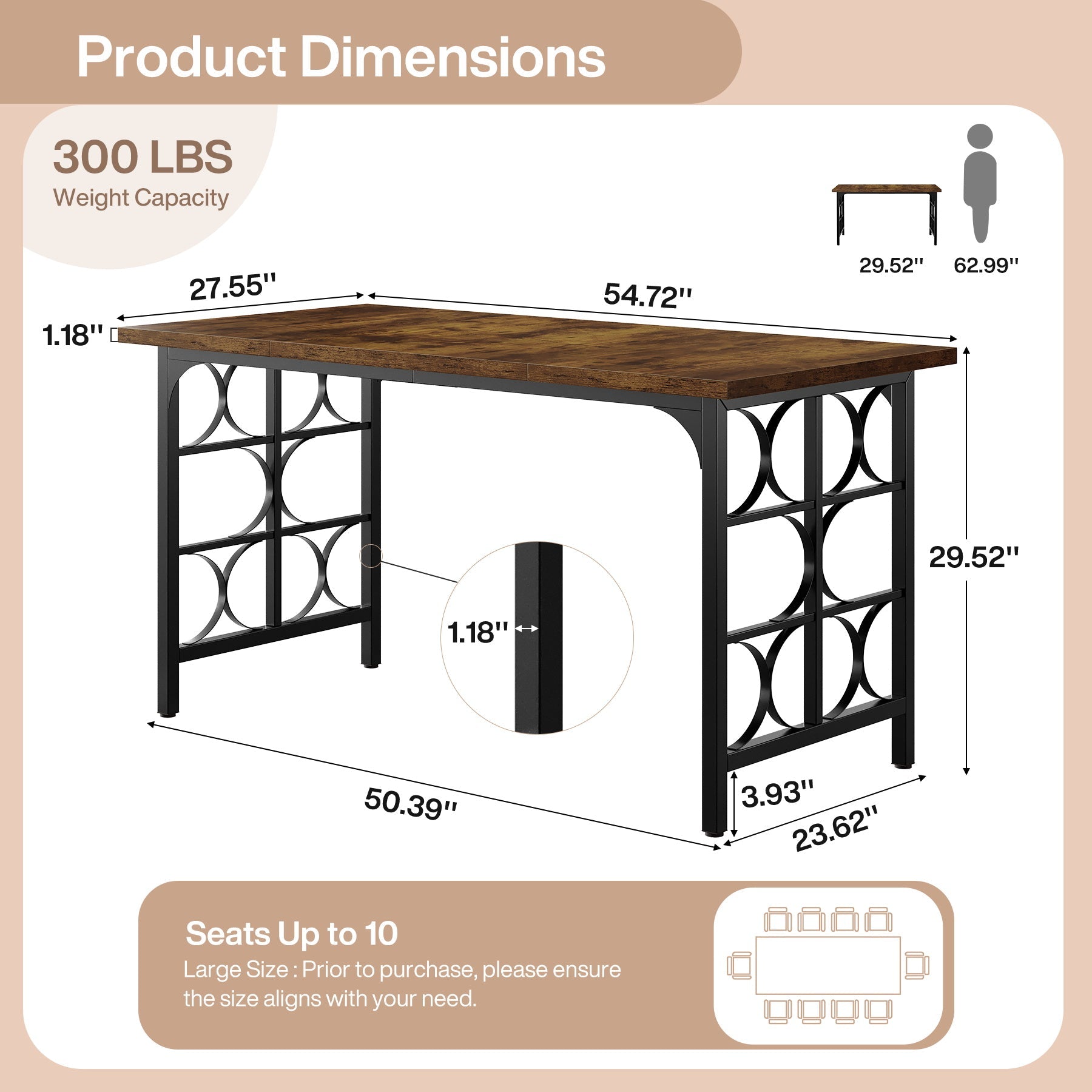 Industrial Computer Desk, 55" Rectangle Executive Desk with Metal Legs