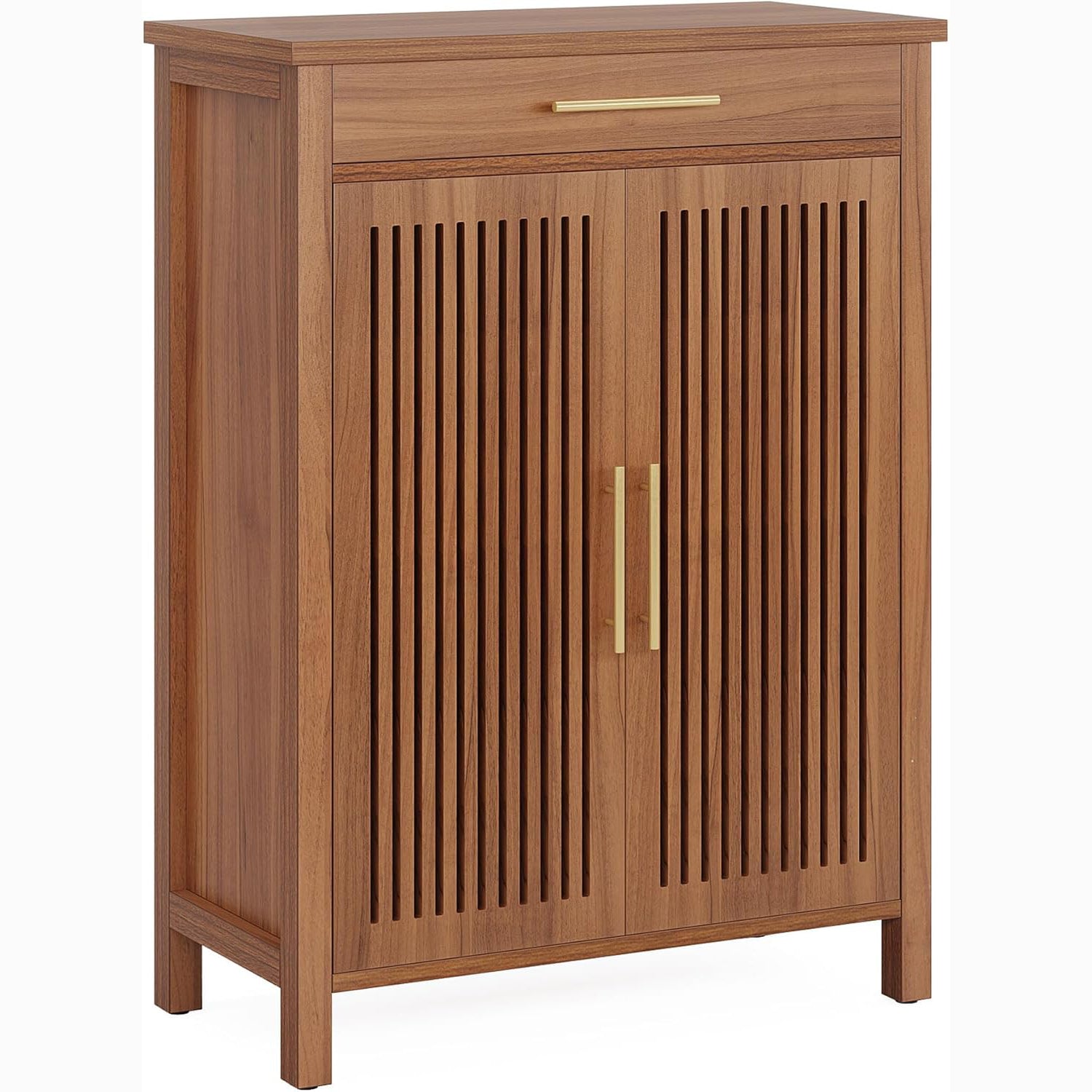 55" 5-Tier Shoe Cabinet, Louvered Door Storage Organizer with Drawer Shelves