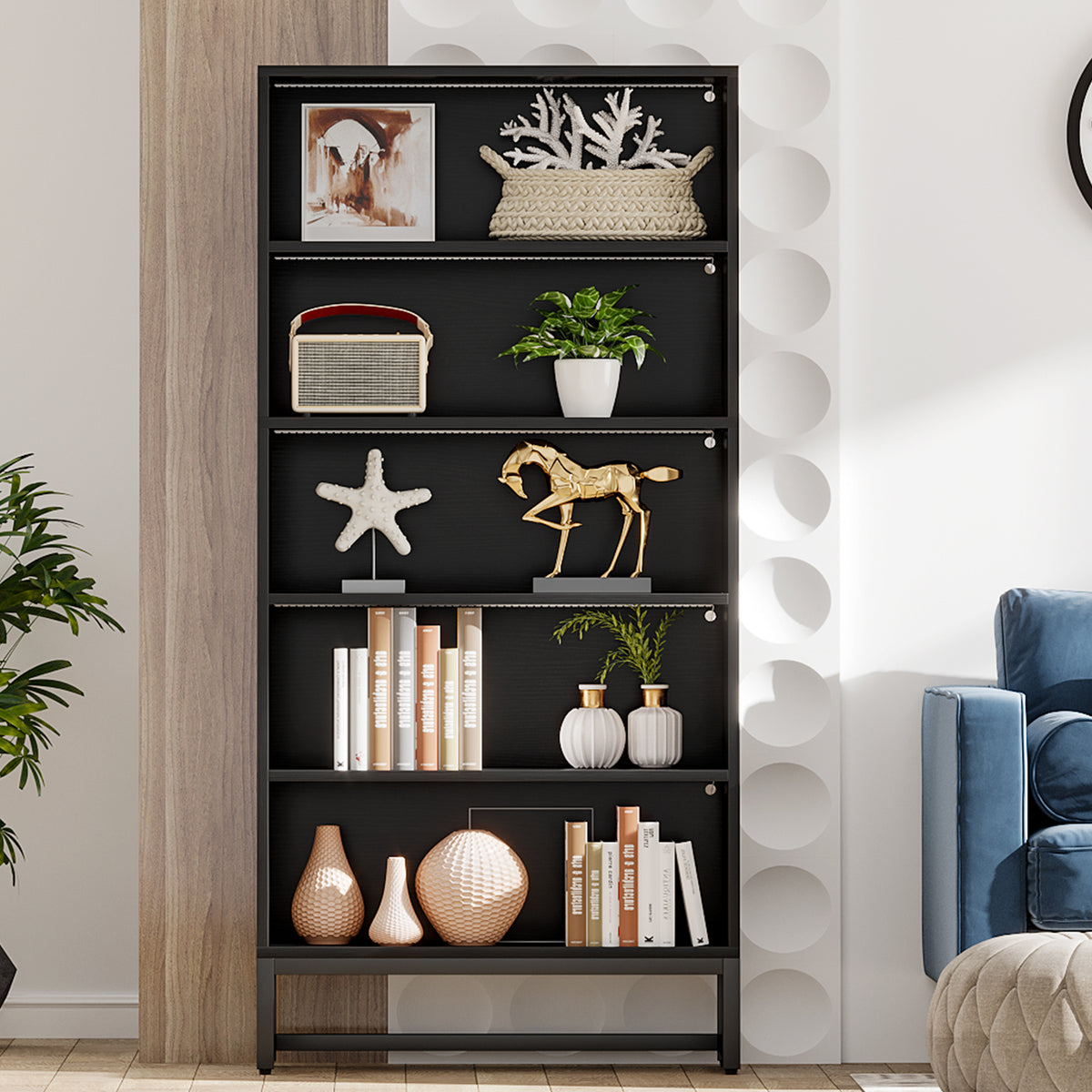 180cm LED Bookshelf, 5-Tier Black Storage Cabinet