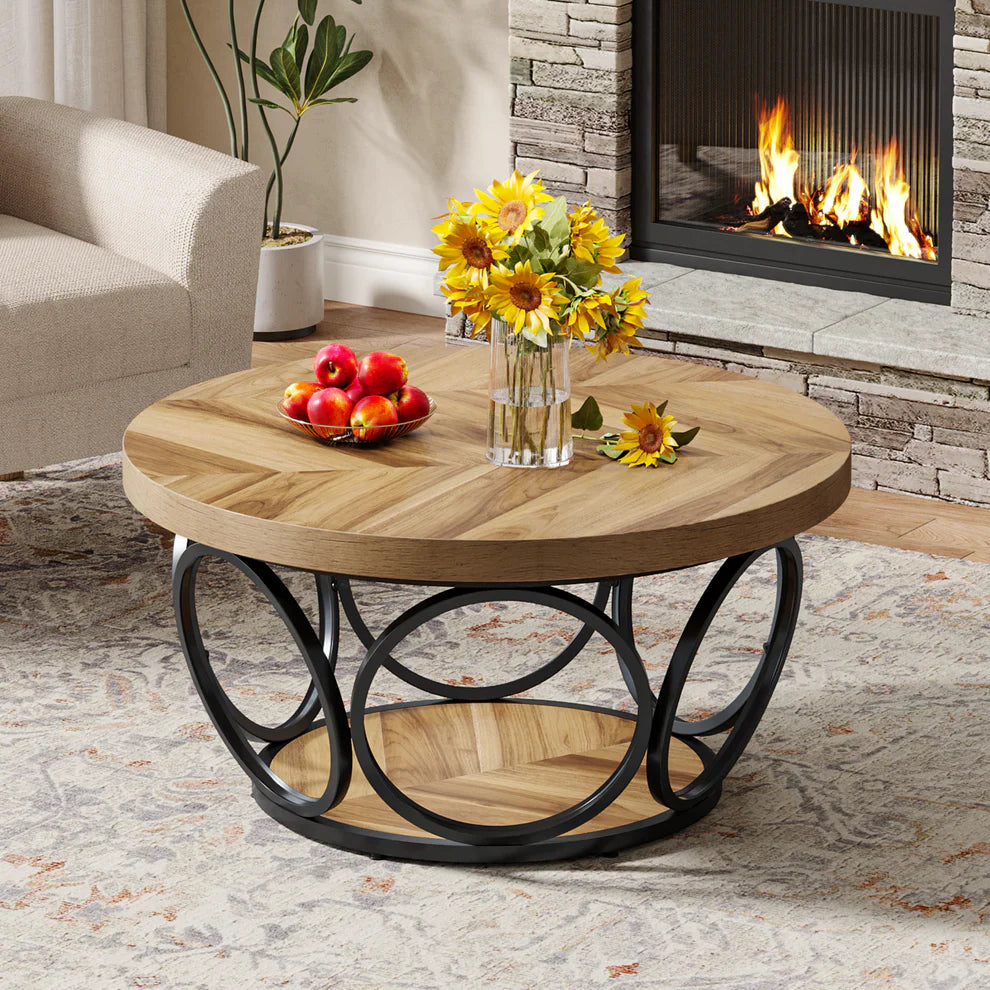 Farmhouse Coffee Table, Round Center Table with 2 Storage Shelves