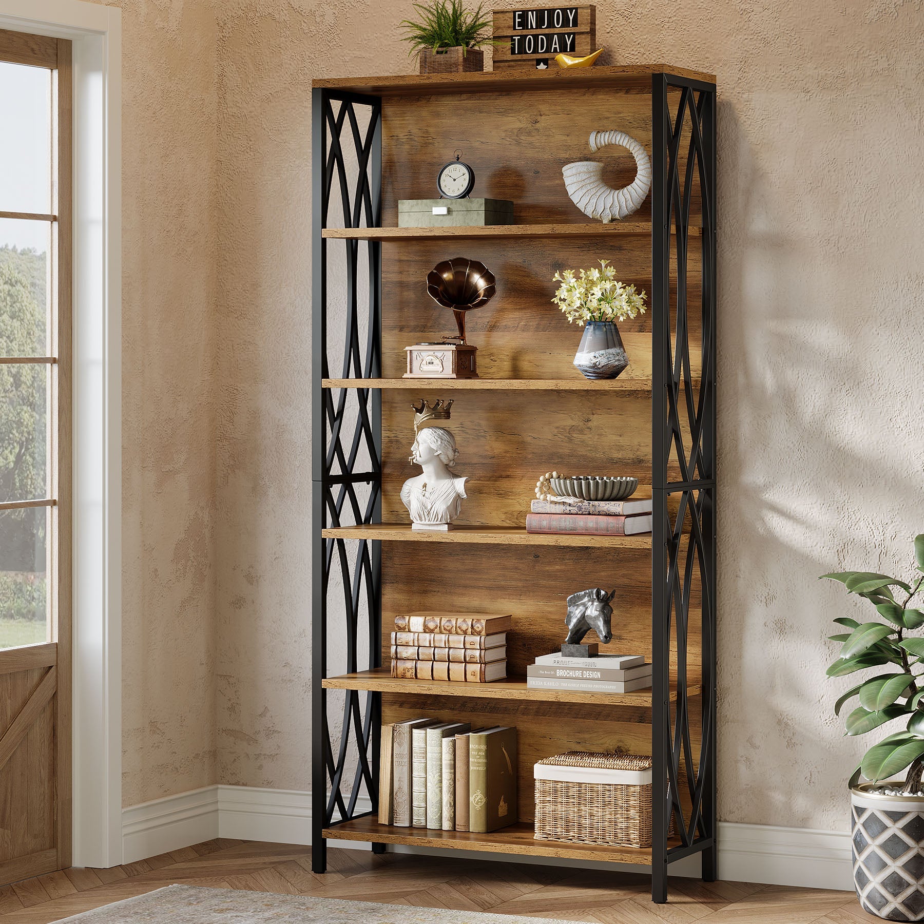 6-Tier Bookshelf, 70.87" Industrial Bookcase with Geometric Metal Frame