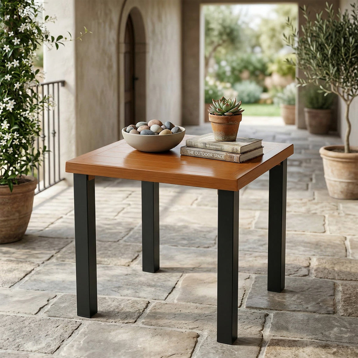 45cm Square Outdoor Side Table, Weather Resistant Patio End Table with Metal Legs