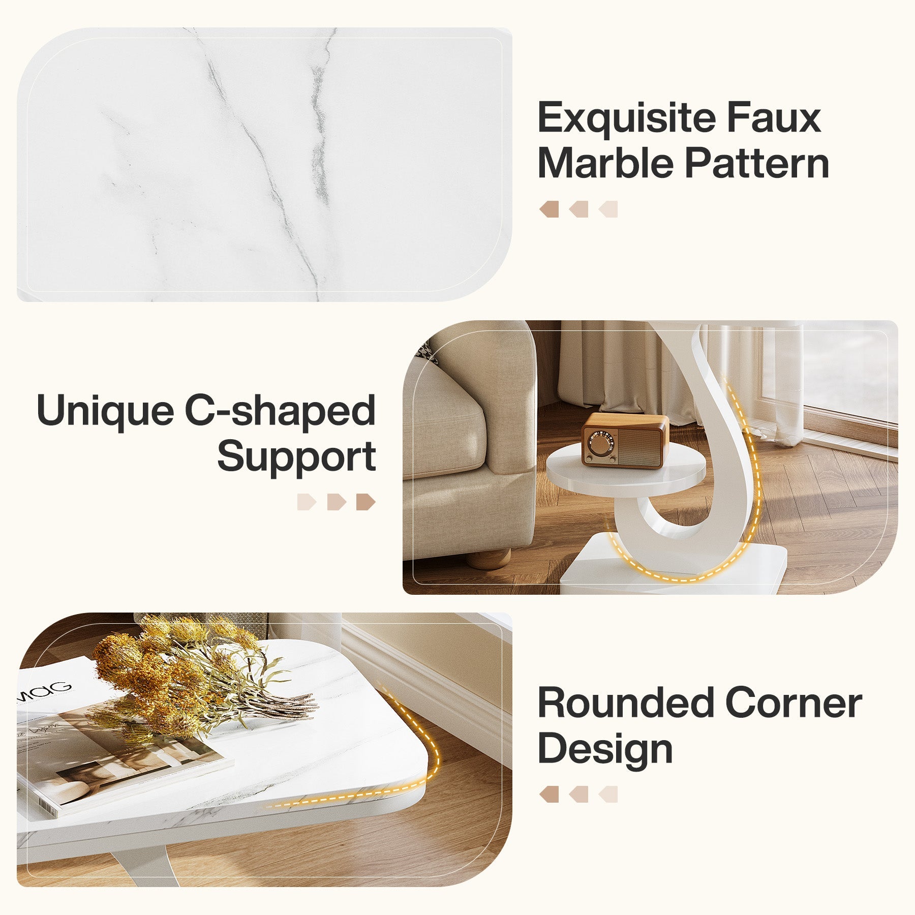 23.62" C-Shaped End Table with Faux Marble Top, Modern 2-Tier Side Table for Sofa and Bed