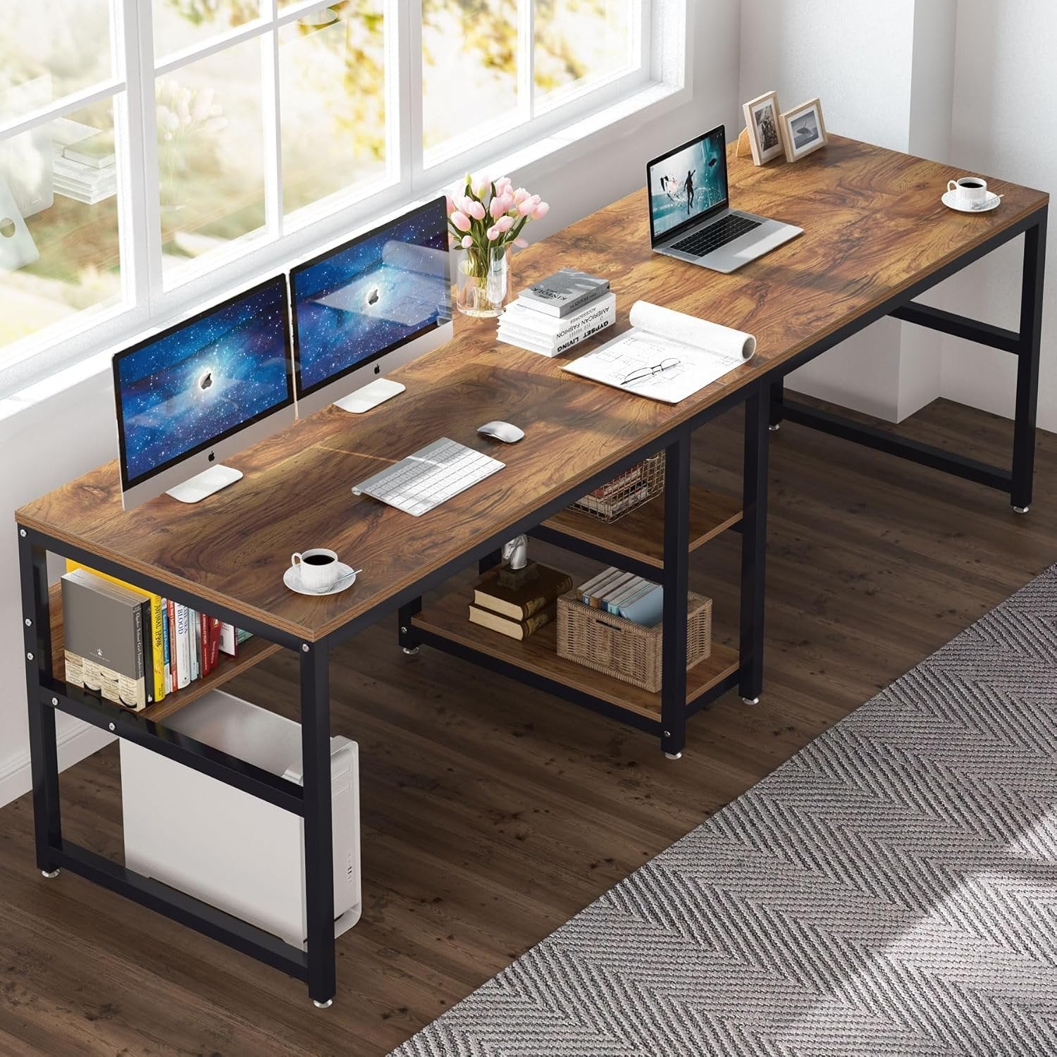 78.7 " Two Person Computer Desk with Bookshelf, Rustic Writing Desk Workstation with Shelf for Home Office