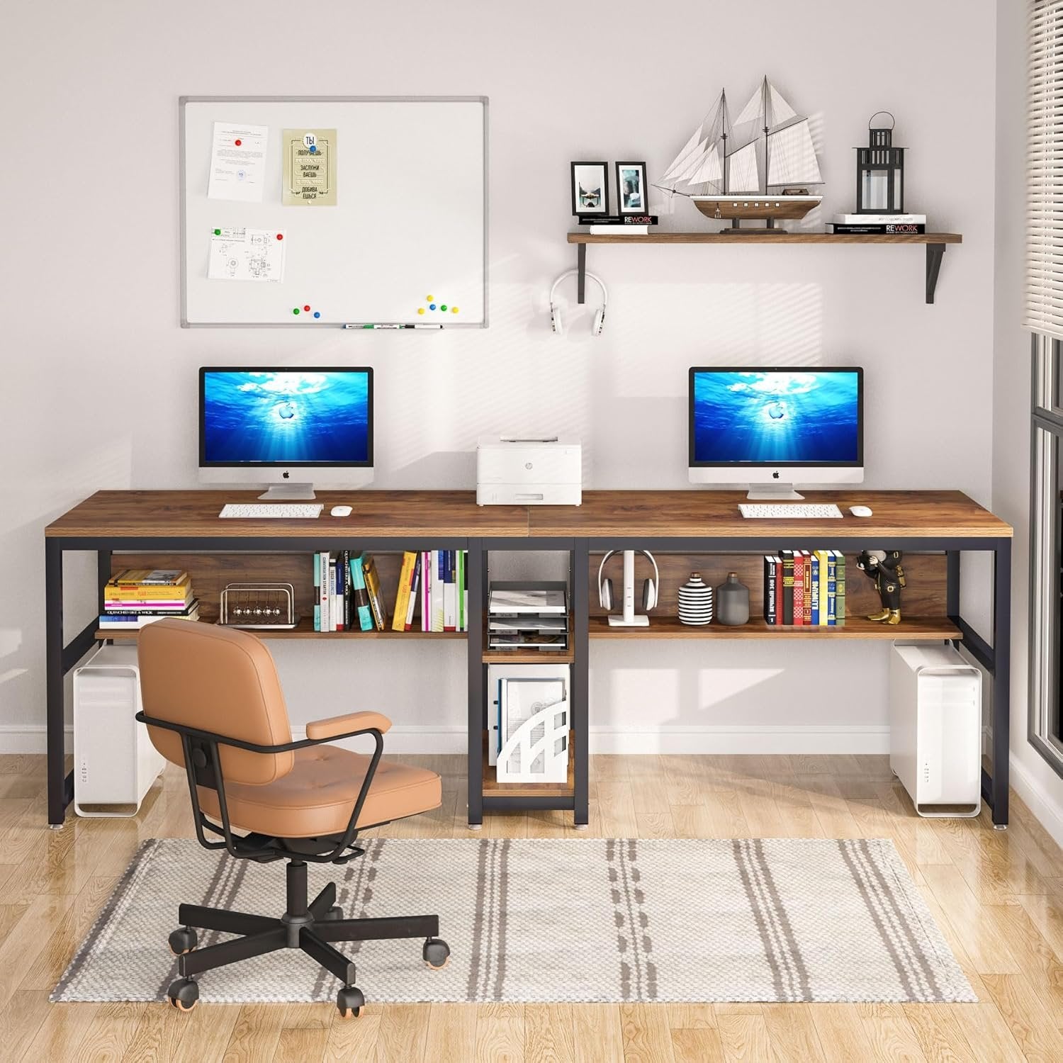 78.7 " Two Person Computer Desk with Bookshelf, Rustic Writing Desk Workstation with Shelf for Home Office