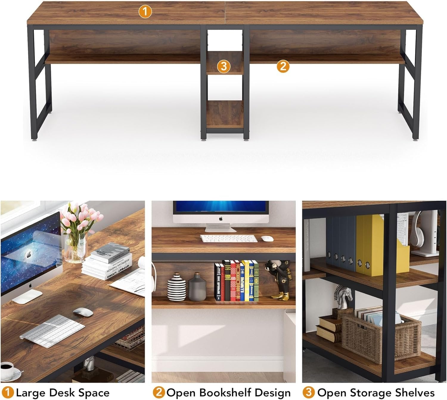 78.7 " Two Person Computer Desk with Bookshelf, Rustic Writing Desk Workstation with Shelf for Home Office