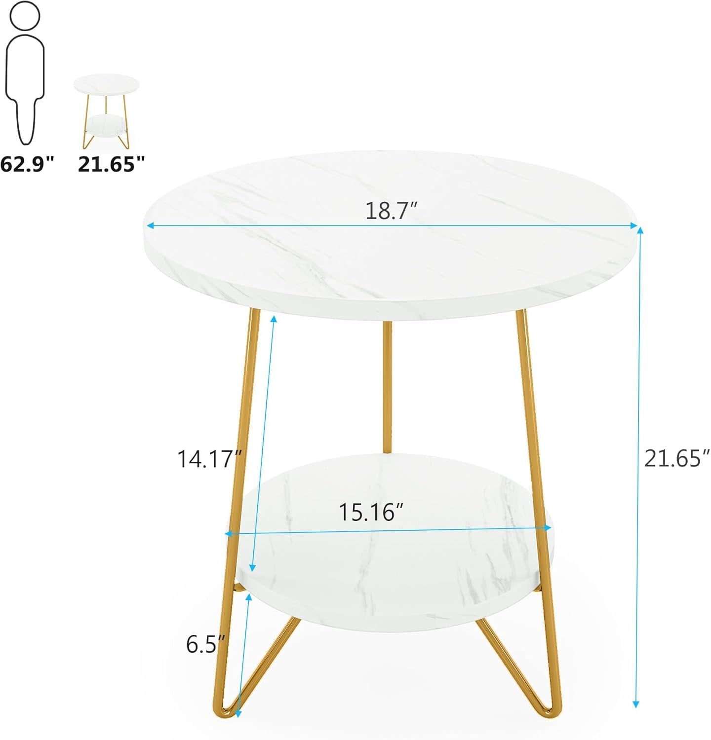 2-Tier Round Side Table, Faux Marble End Table with Shelf for Living Room