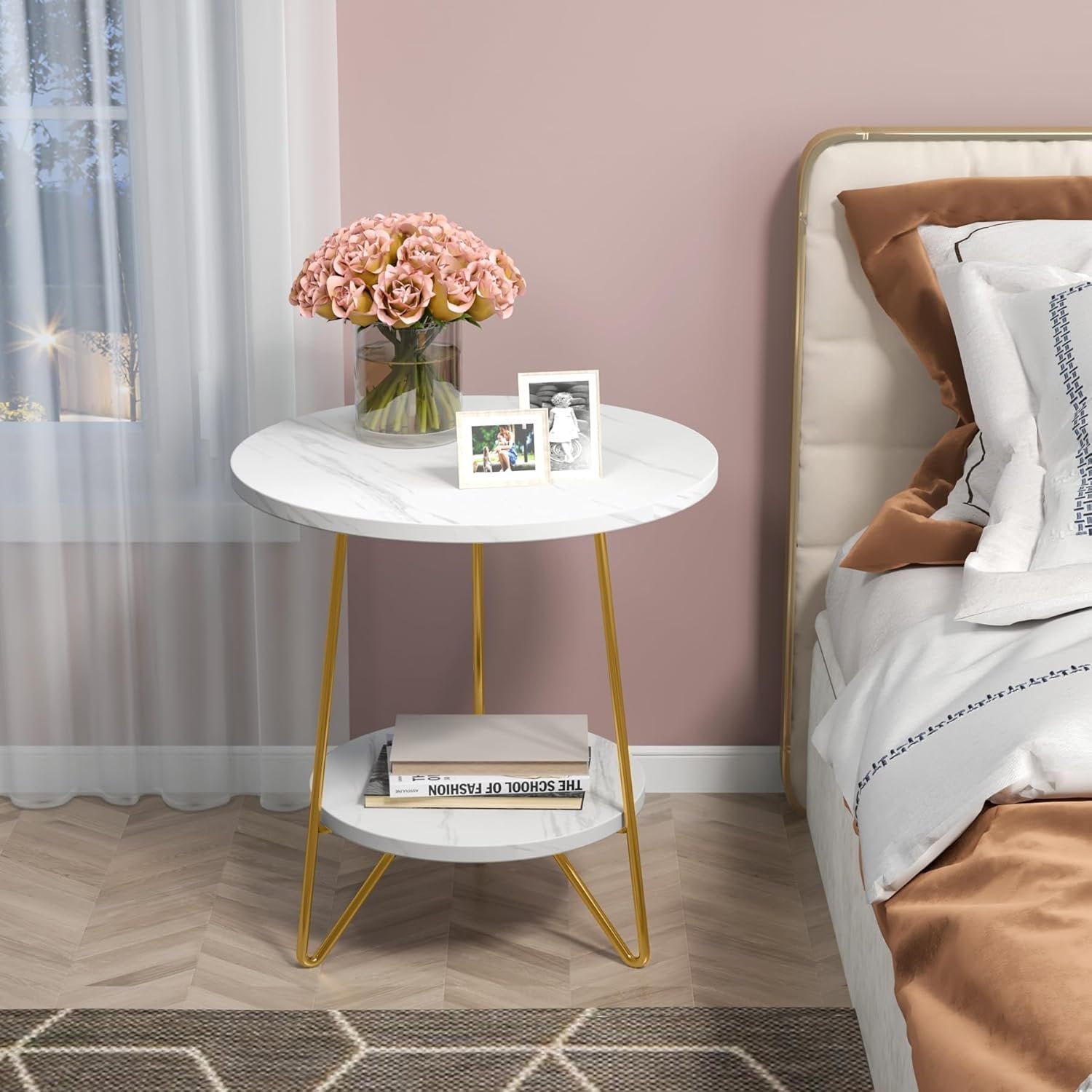 2-Tier Round Side Table, Faux Marble End Table with Shelf for Living Room