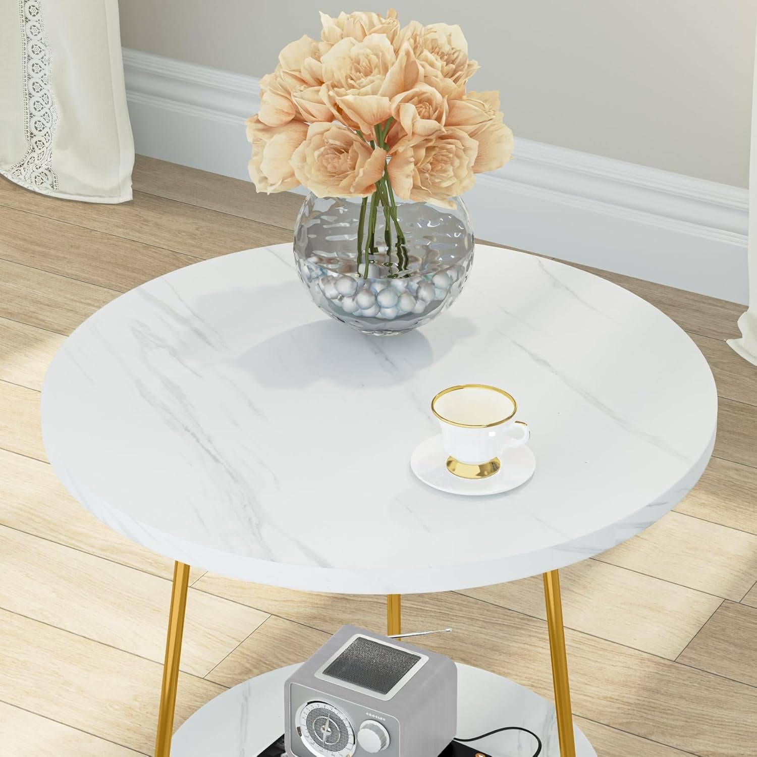 2-Tier Round Side Table, Faux Marble End Table with Shelf for Living Room
