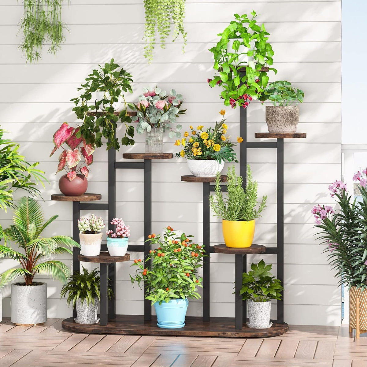 100x44x111cm 11-Tier Plant Stand, Tall Rustic Brown Metal & Wood for Home.