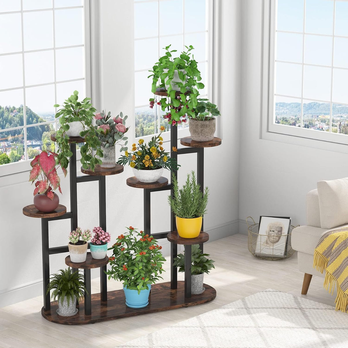 100x44x111cm 11-Tier Plant Stand, Tall Rustic Brown Metal & Wood for Home.