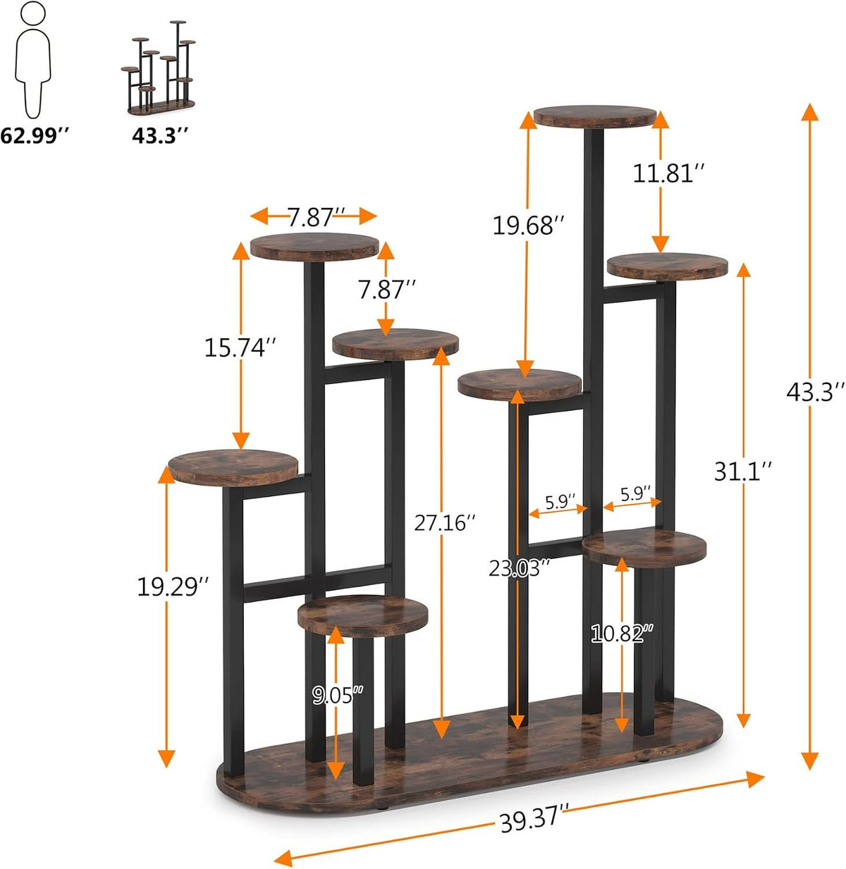 100x44x111cm 11-Tier Plant Stand, Tall Rustic Brown Metal & Wood for Home.