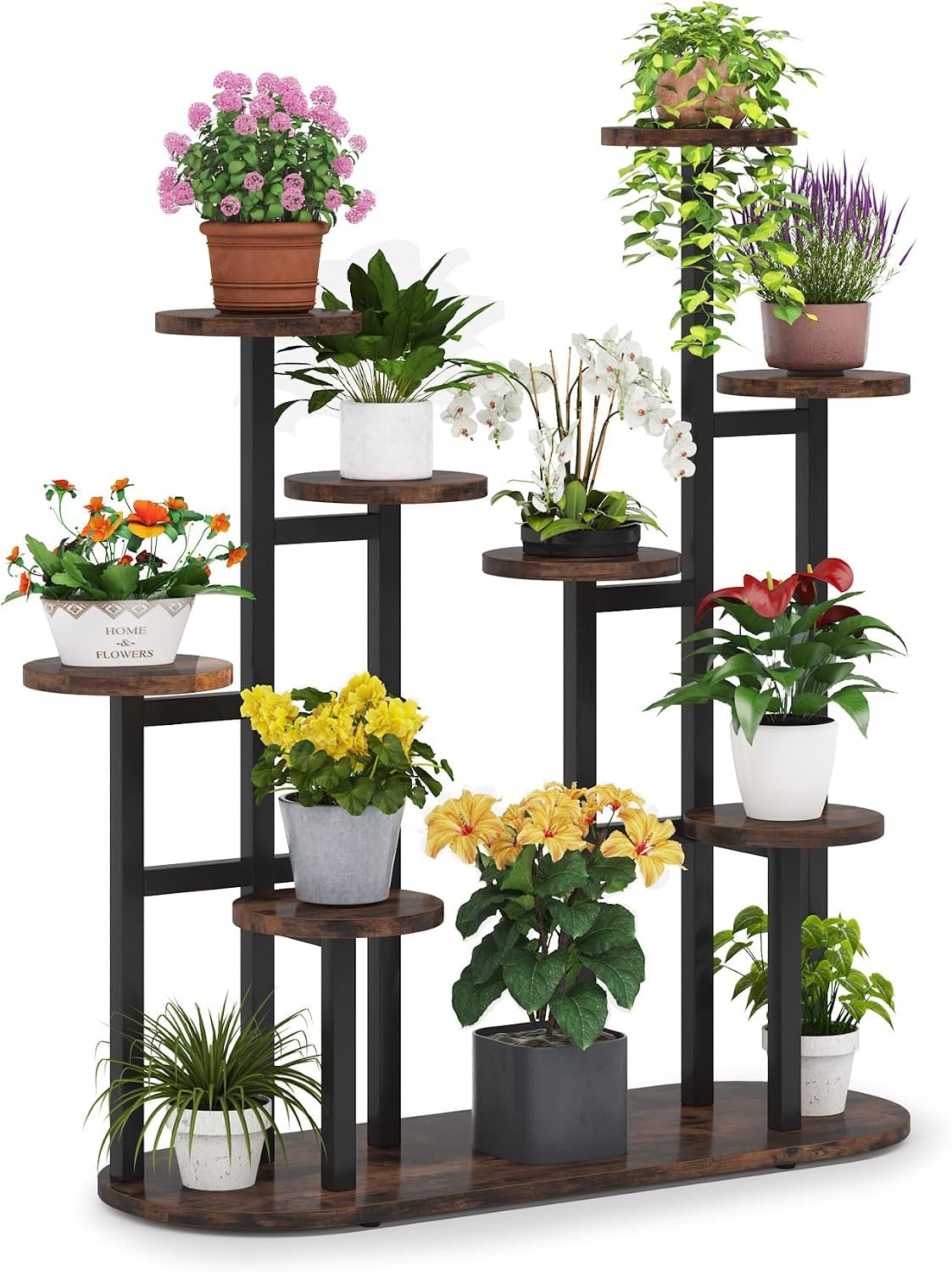 100x44x111cm 11-Tier Plant Stand, Tall Rustic Brown Metal & Wood for Home.