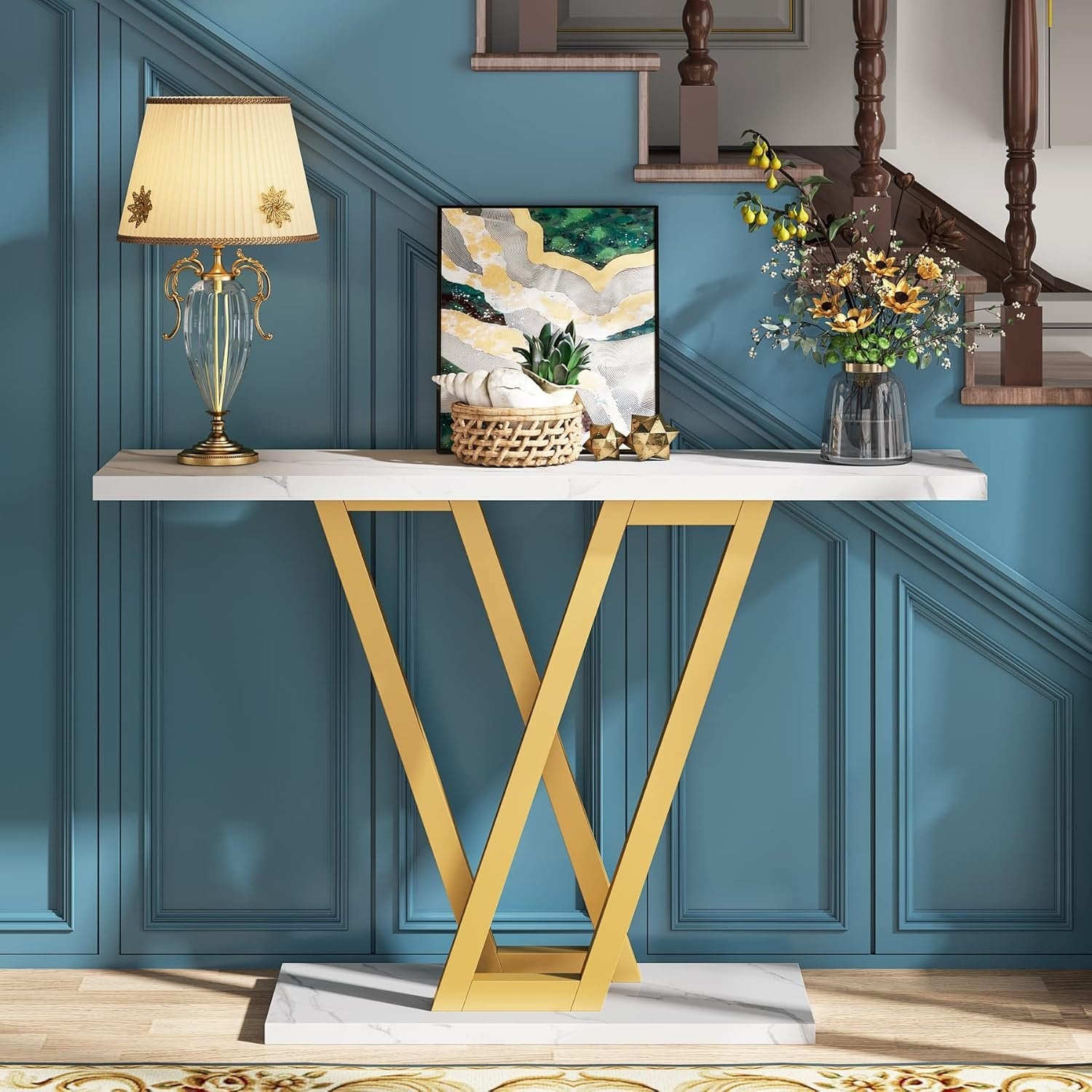 43" Gold Console Table, Modern Hallway Table Entryway Tables Narrow Sofa Table for Living Room