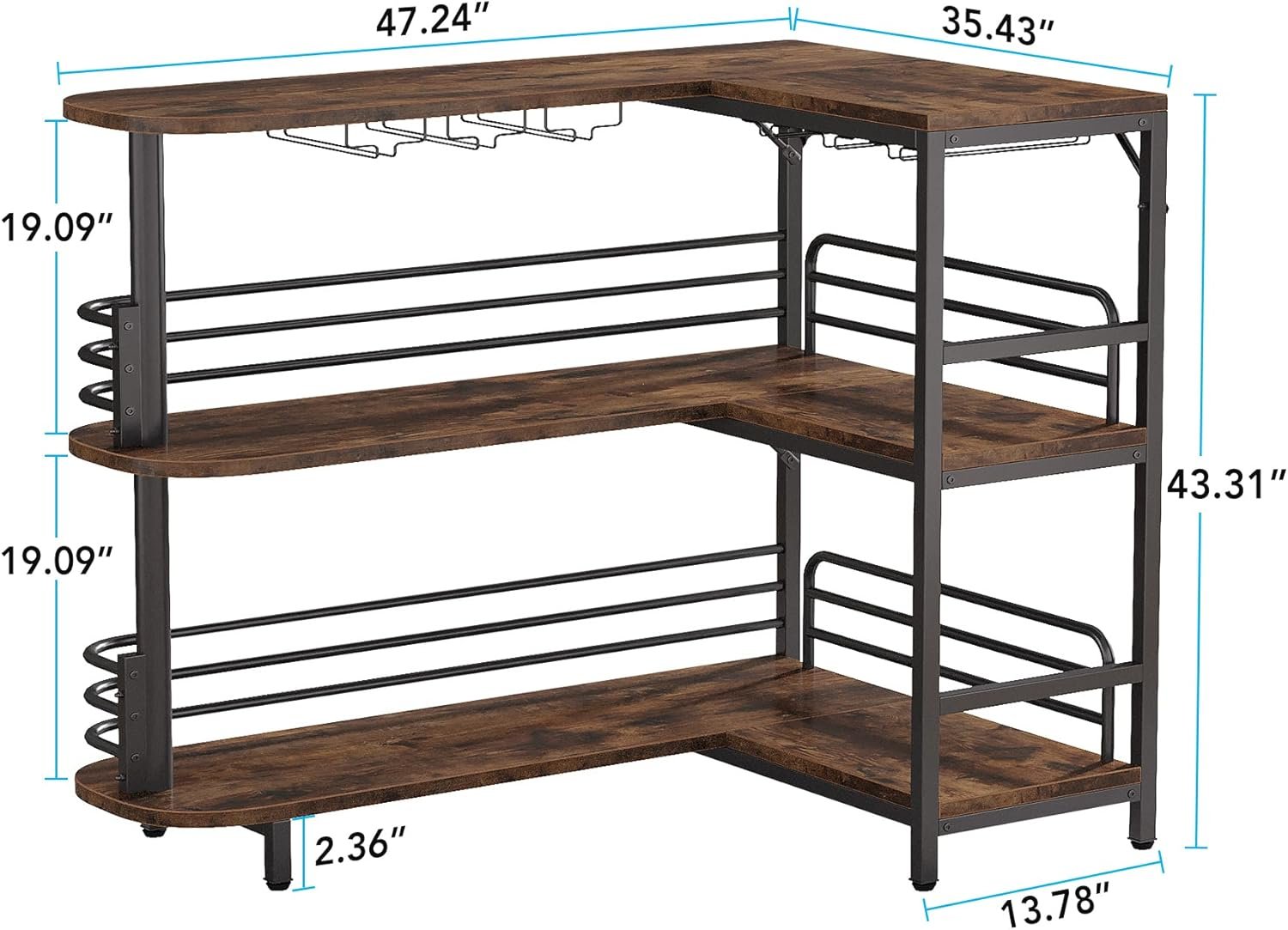 L-Shaped Home Bar Unit, 3-Tier Liquor Table With Storage Shelves and Wine Glasses Holder for Home Kitchen Pub