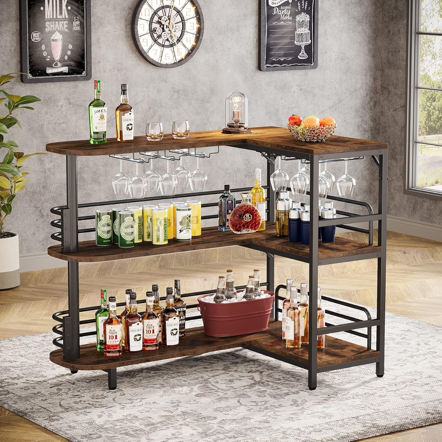L-Shaped Home Bar Unit, 3-Tier Liquor Table With Storage Shelves and Wine Glasses Holder for Home Kitchen Pub