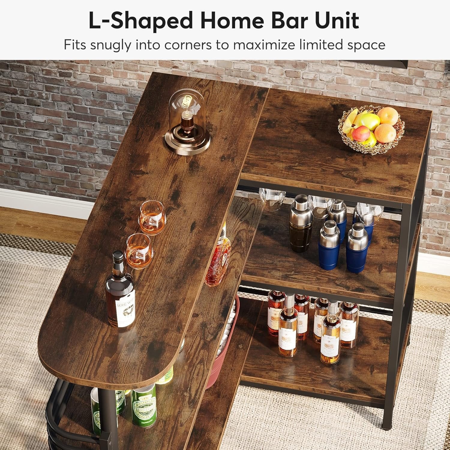 L-Shaped Home Bar Unit, 3-Tier Liquor Table With Storage Shelves and Wine Glasses Holder for Home Kitchen Pub