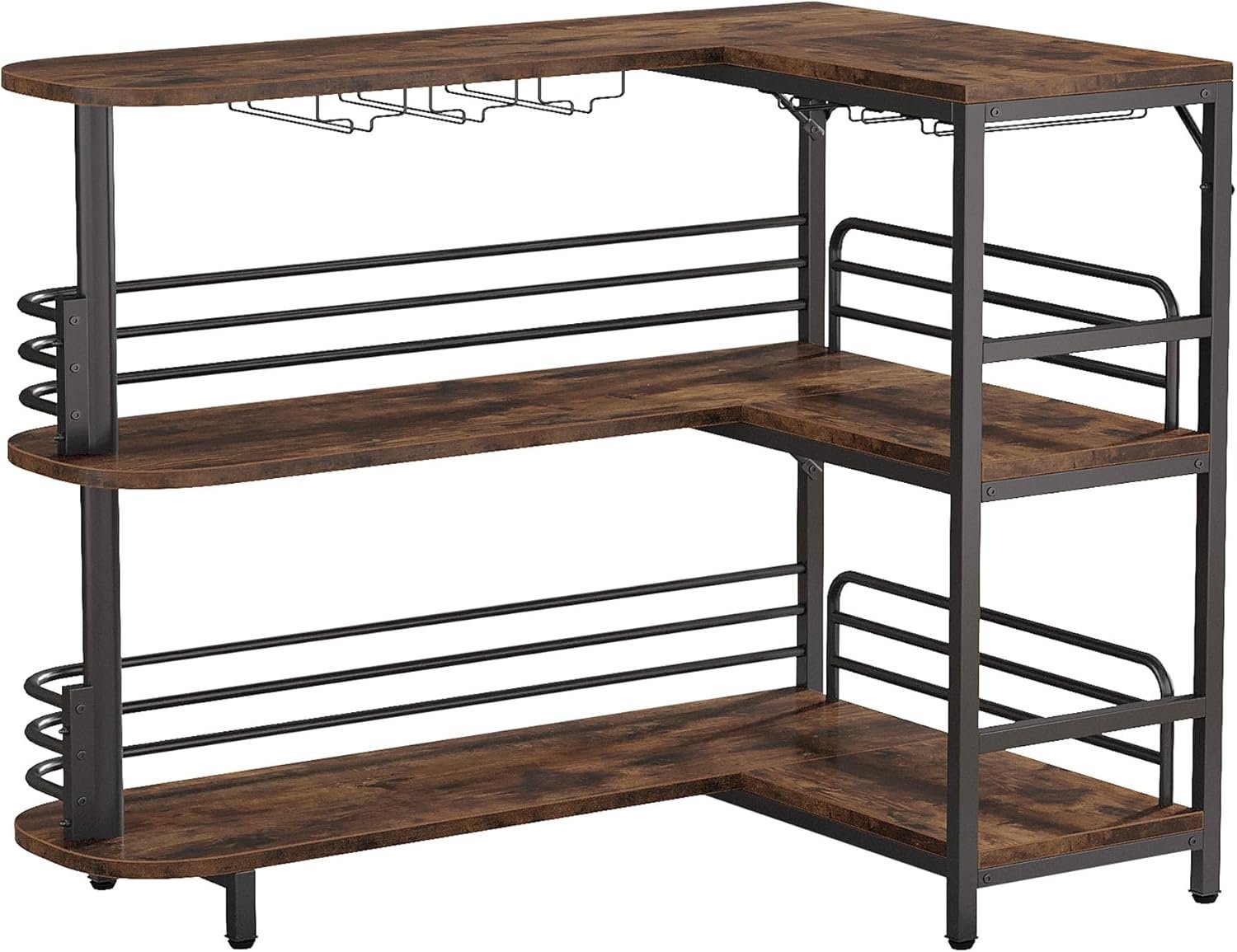 L-Shaped Home Bar Unit, 3-Tier Liquor Table With Storage Shelves and Wine Glasses Holder for Home Kitchen Pub