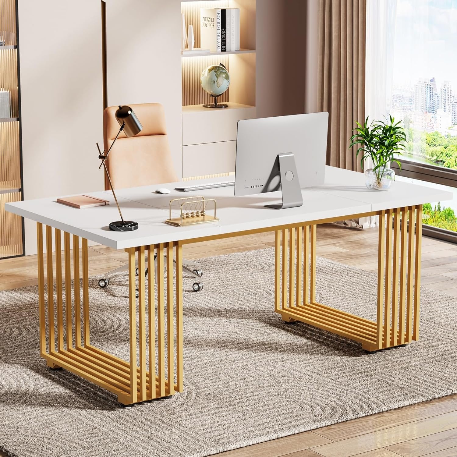 70.9" Modern Office Desk, White Executive Desk with Gold Metal Legs Large Workstation for Home Office
