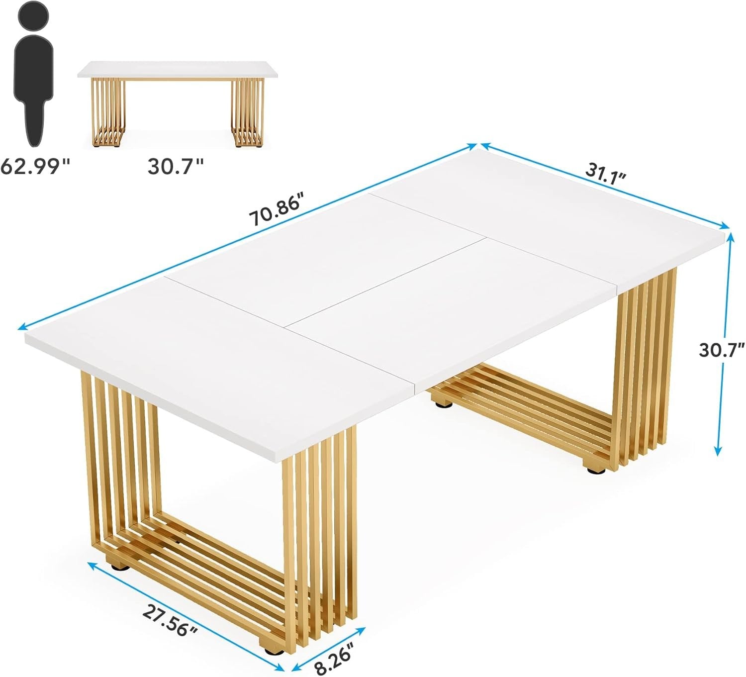 70.9" Modern Office Desk, White Executive Desk with Gold Metal Legs Large Workstation for Home Office