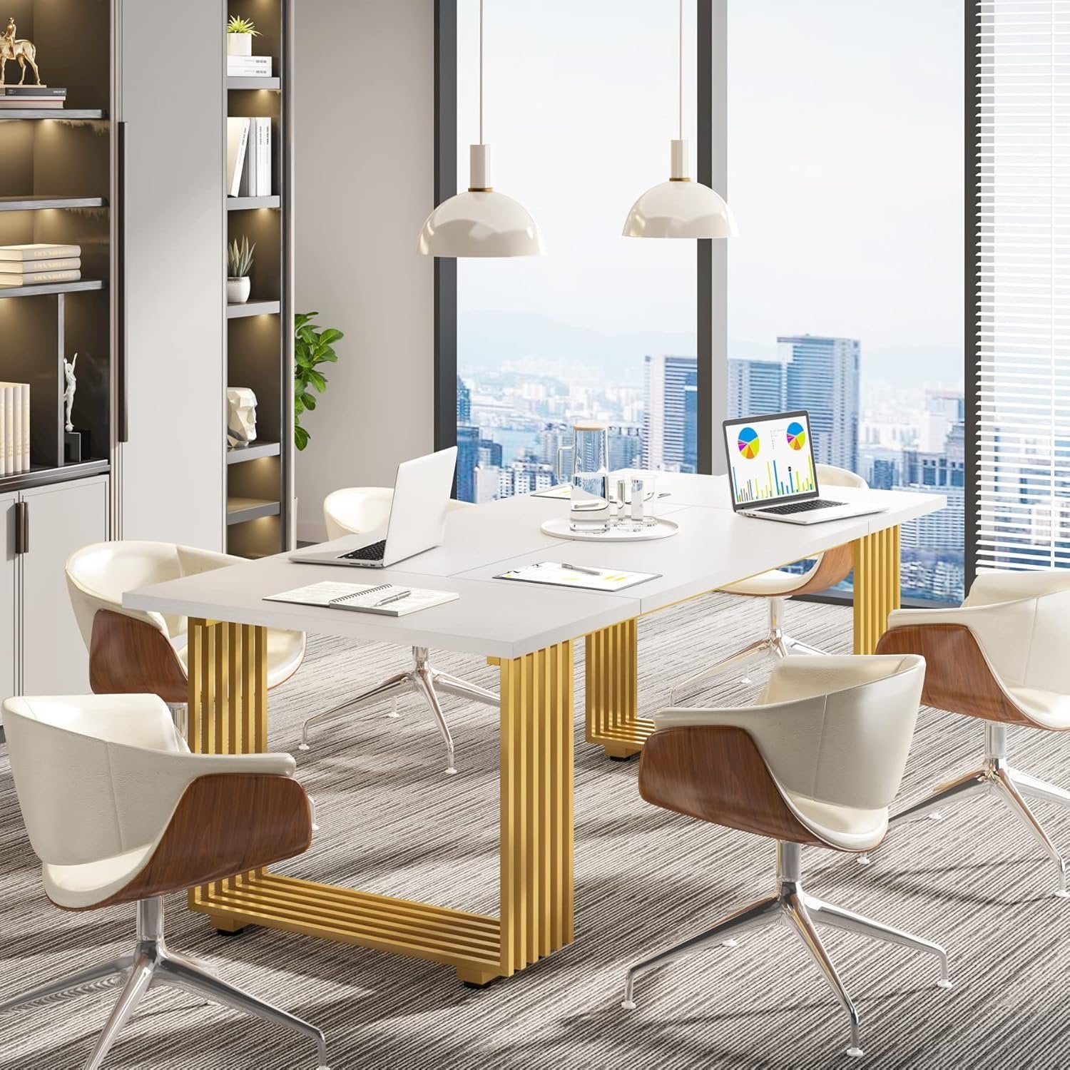 70.9" Modern Office Desk, White Executive Desk with Gold Metal Legs Large Workstation for Home Office