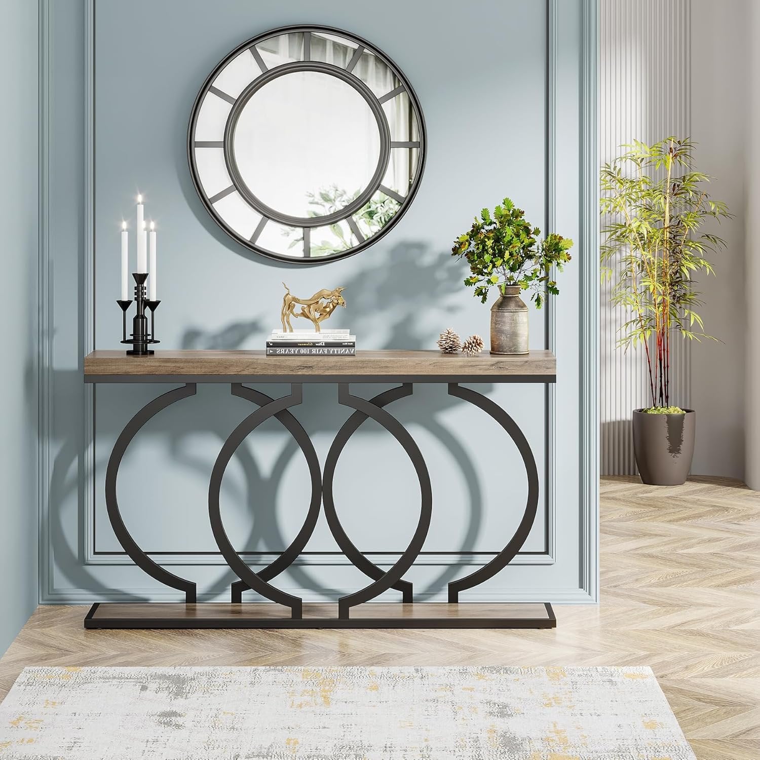 55" Console Table, Narrow Entryway Sofa Table with Geometric Metal Frame
