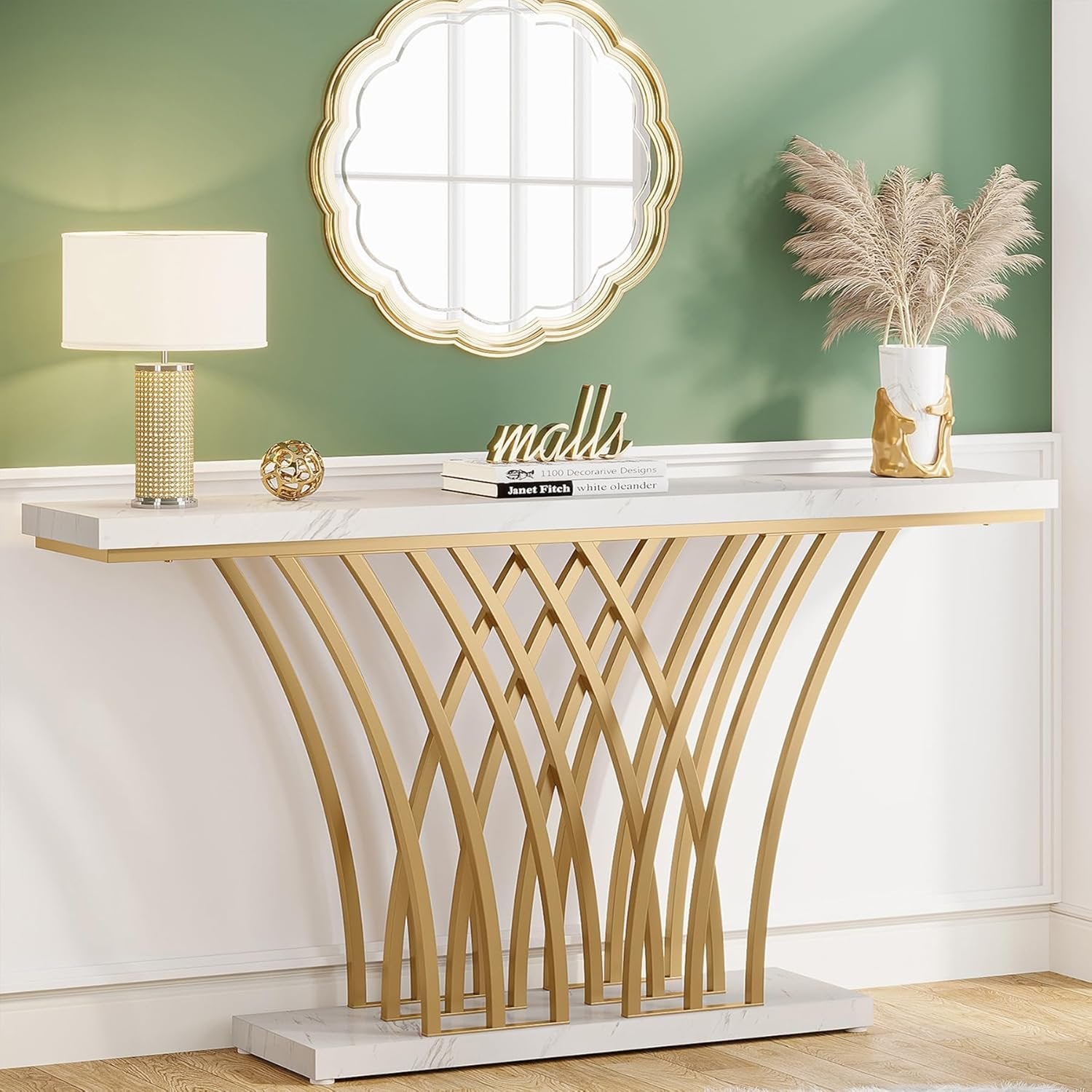 59" Gold Console Table, Modern Entryway Table with Grid-Shaped Metal Base for Entrance