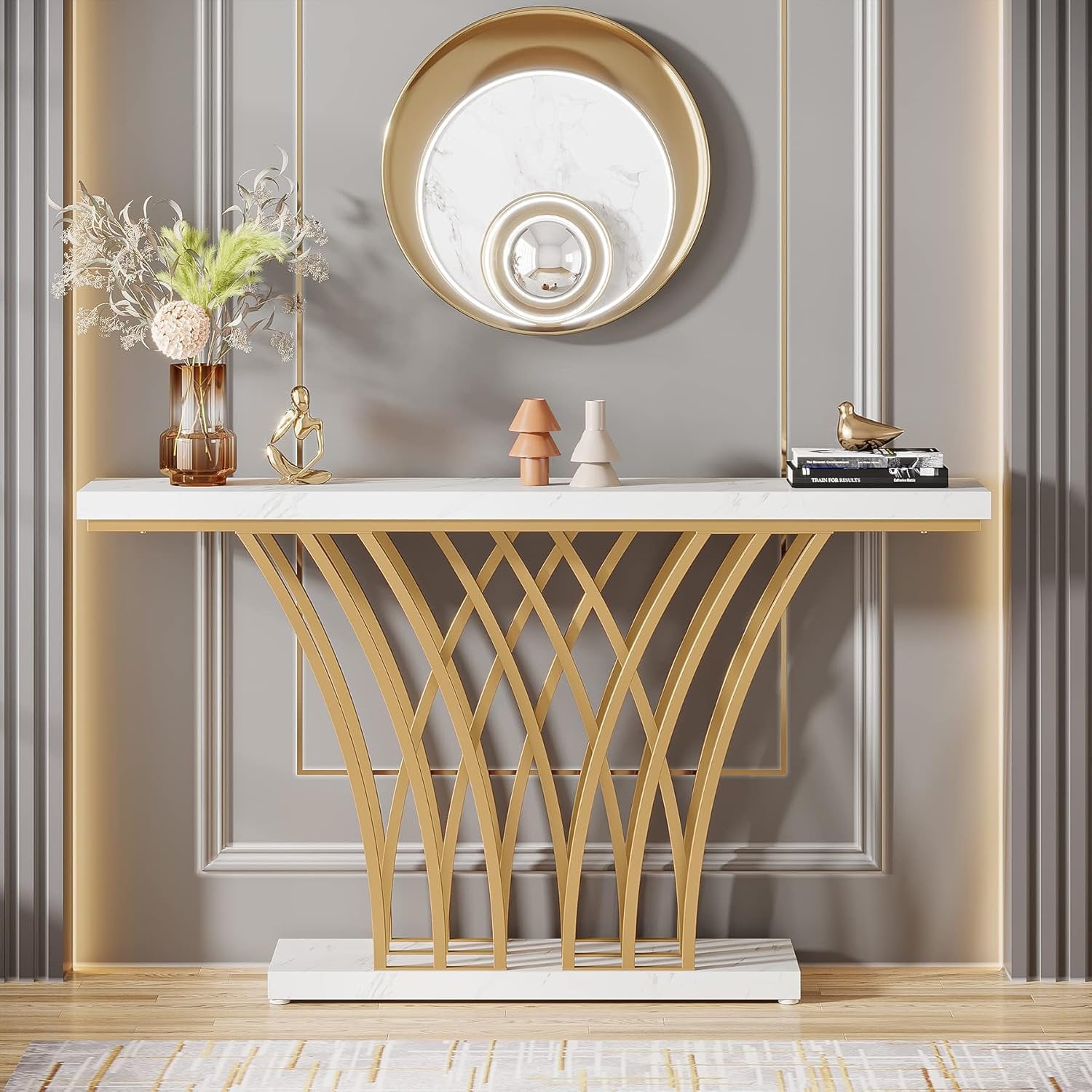 59" Gold Console Table, Modern Entryway Table with Grid-Shaped Metal Base for Entrance