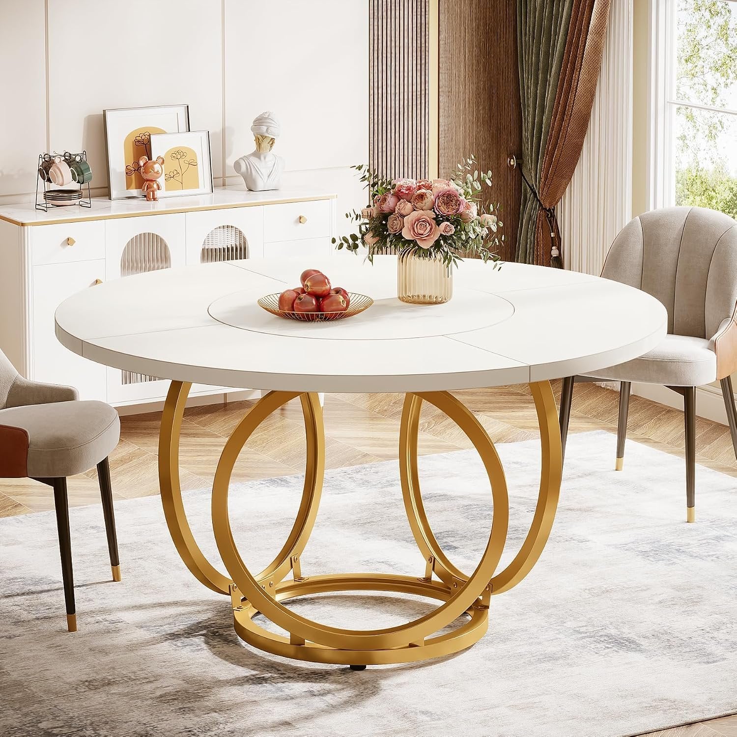 120cm Modern Round Dining Table for 4, White Wood Kitchen Table with Gold Metal Base