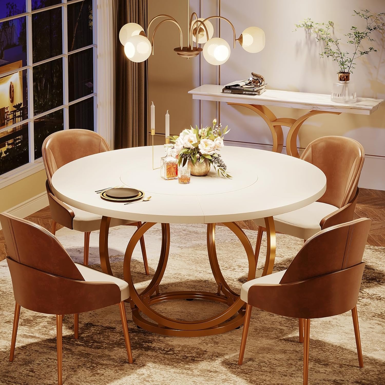 120cm Modern Round Dining Table for 4, White Wood Kitchen Table with Gold Metal Base