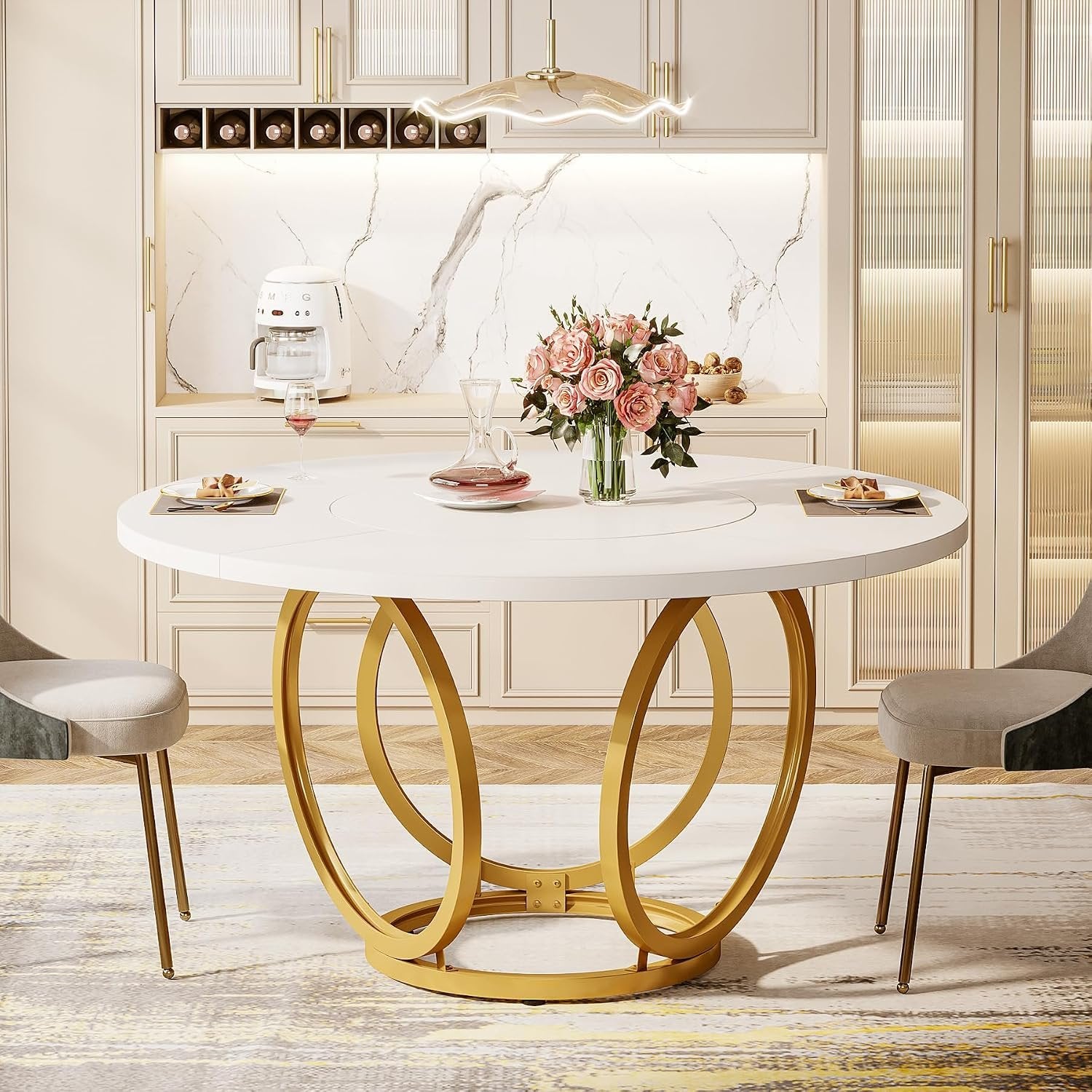120cm Modern Round Dining Table for 4, White Wood Kitchen Table with Gold Metal Base