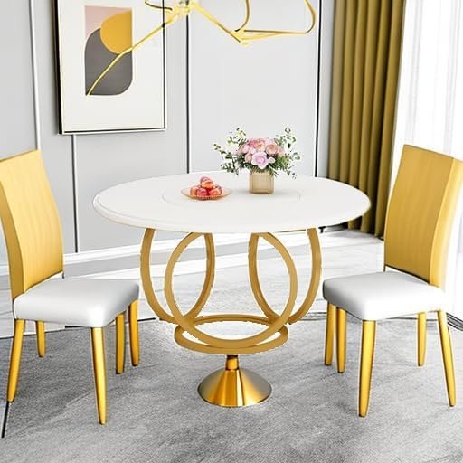 120cm Modern Round Dining Table for 4, White Wood Kitchen Table with Gold Metal Base