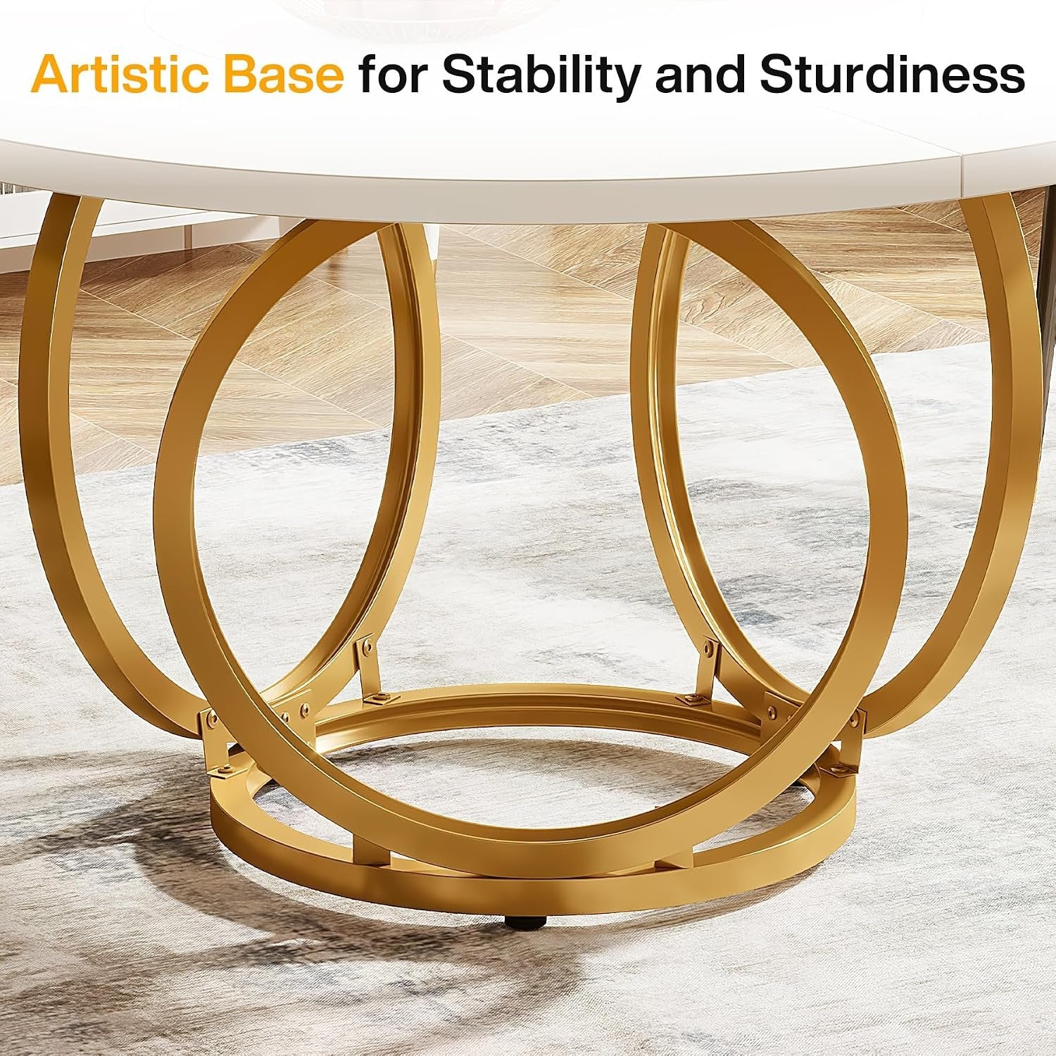 120cm Modern Round Dining Table for 4, White Wood Kitchen Table with Gold Metal Base
