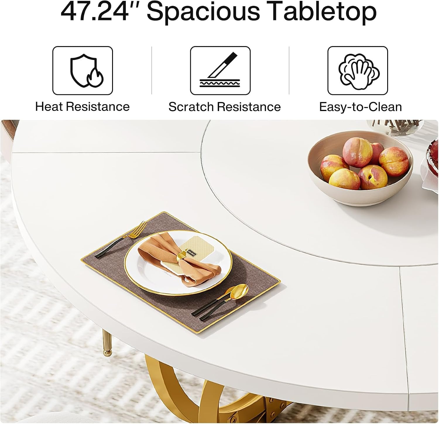 120cm Modern Round Dining Table for 4, White Wood Kitchen Table with Gold Metal Base