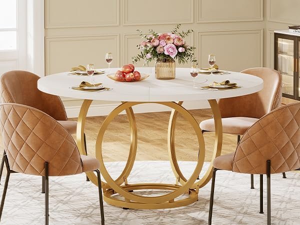 120cm Modern Round Dining Table for 4, White Wood Kitchen Table with Gold Metal Base