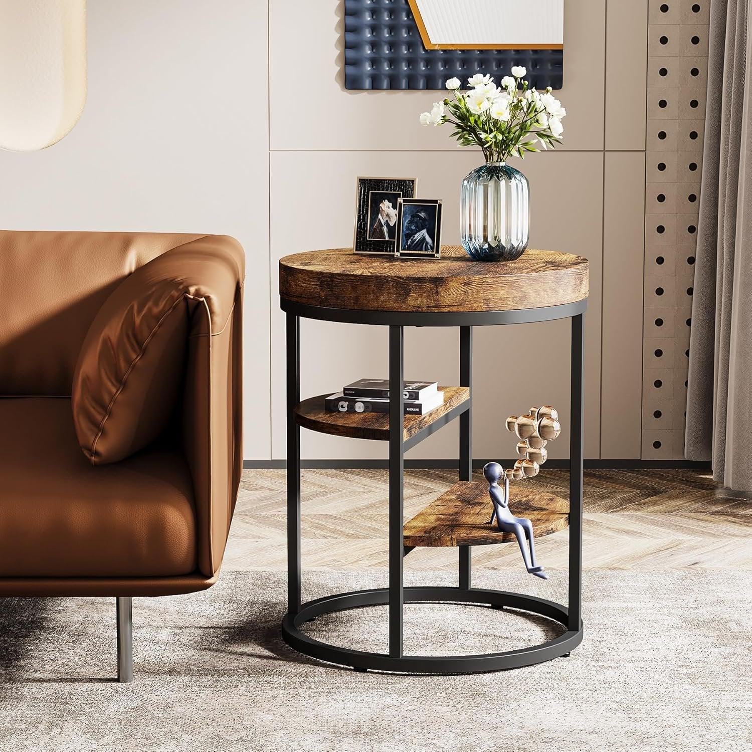 3-Tier Round End Table, Side Table with Storage Shelves Industrial Nightstand for Small Spaces