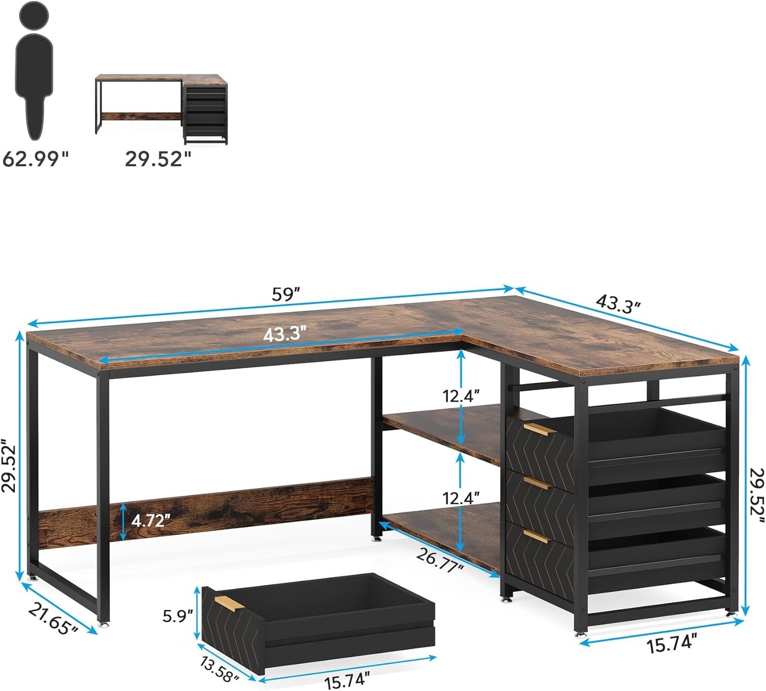 59" L-Shaped Desk, Reversible Corner Desk with Drawers & Shelves