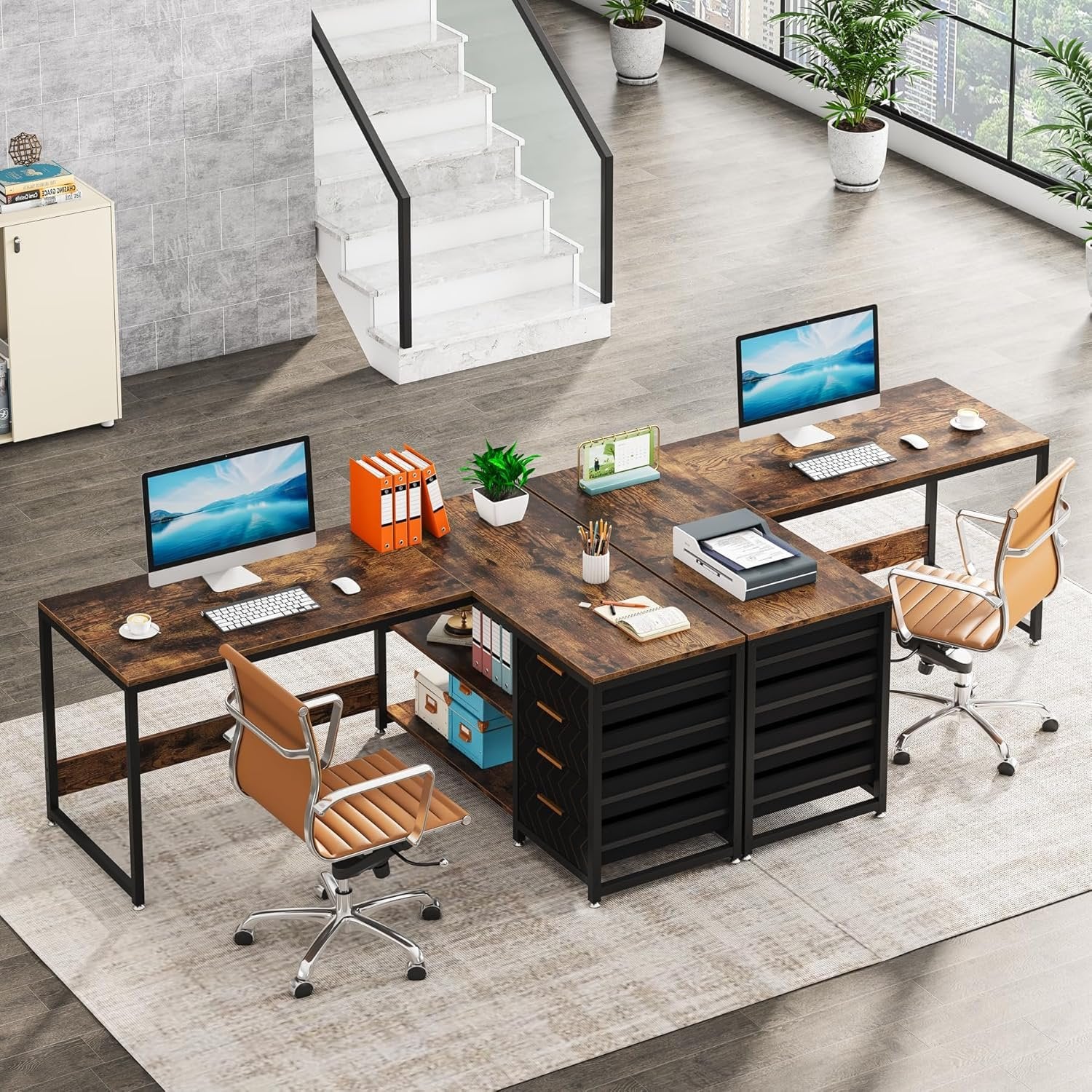 59" L-Shaped Desk, Reversible Corner Desk with Drawers & Shelves