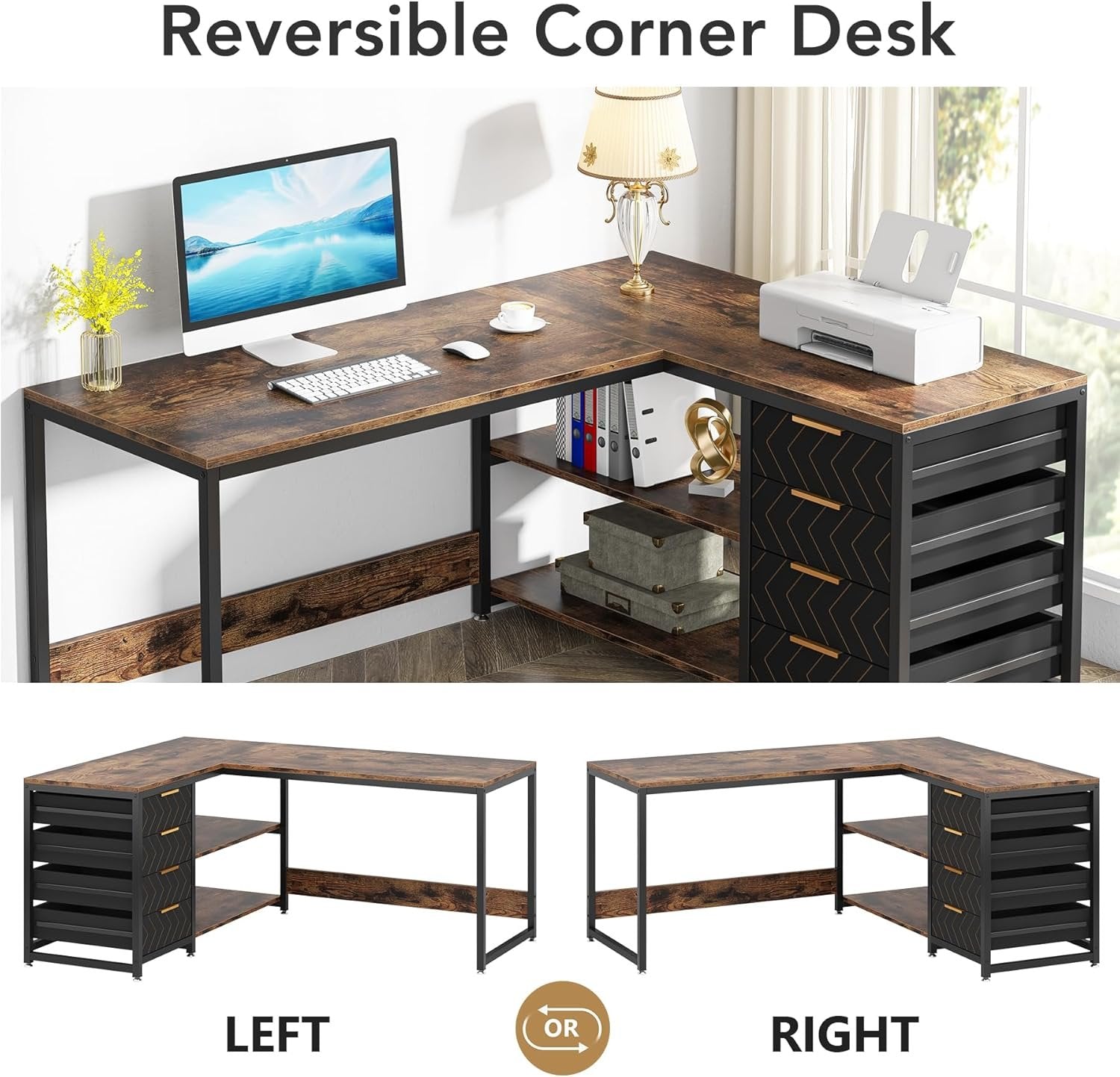 59" L-Shaped Desk, Reversible Corner Desk with Drawers & Shelves