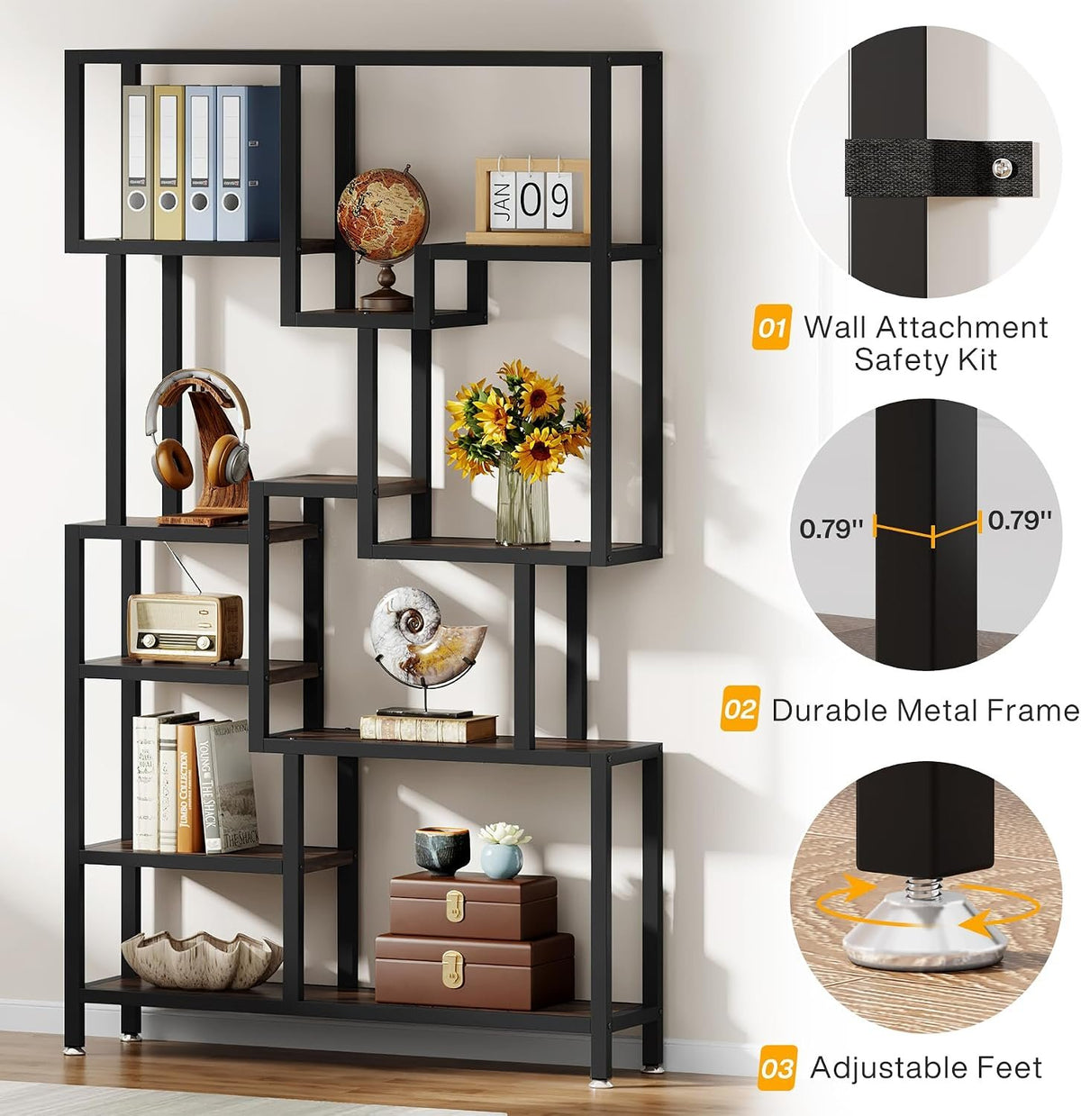 200cm 7-Tier Industrial Bookshelf, Tall Wooden Shelves for Living Room Home Office