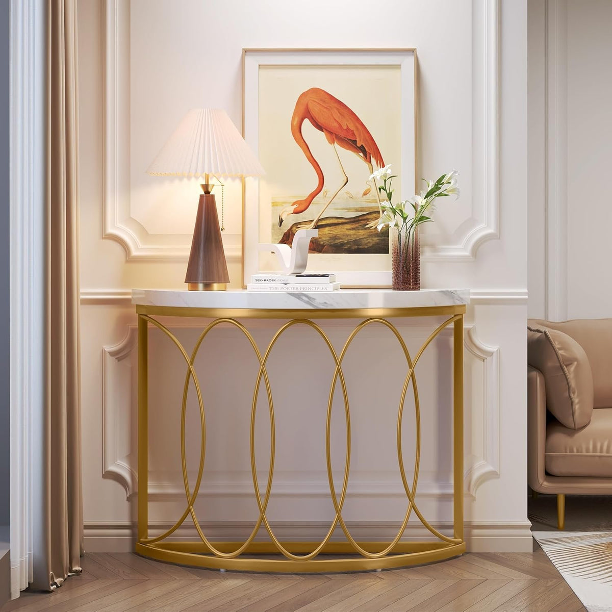 110cm Console Table, Gold Modern Half-Moon Frame for Living Room