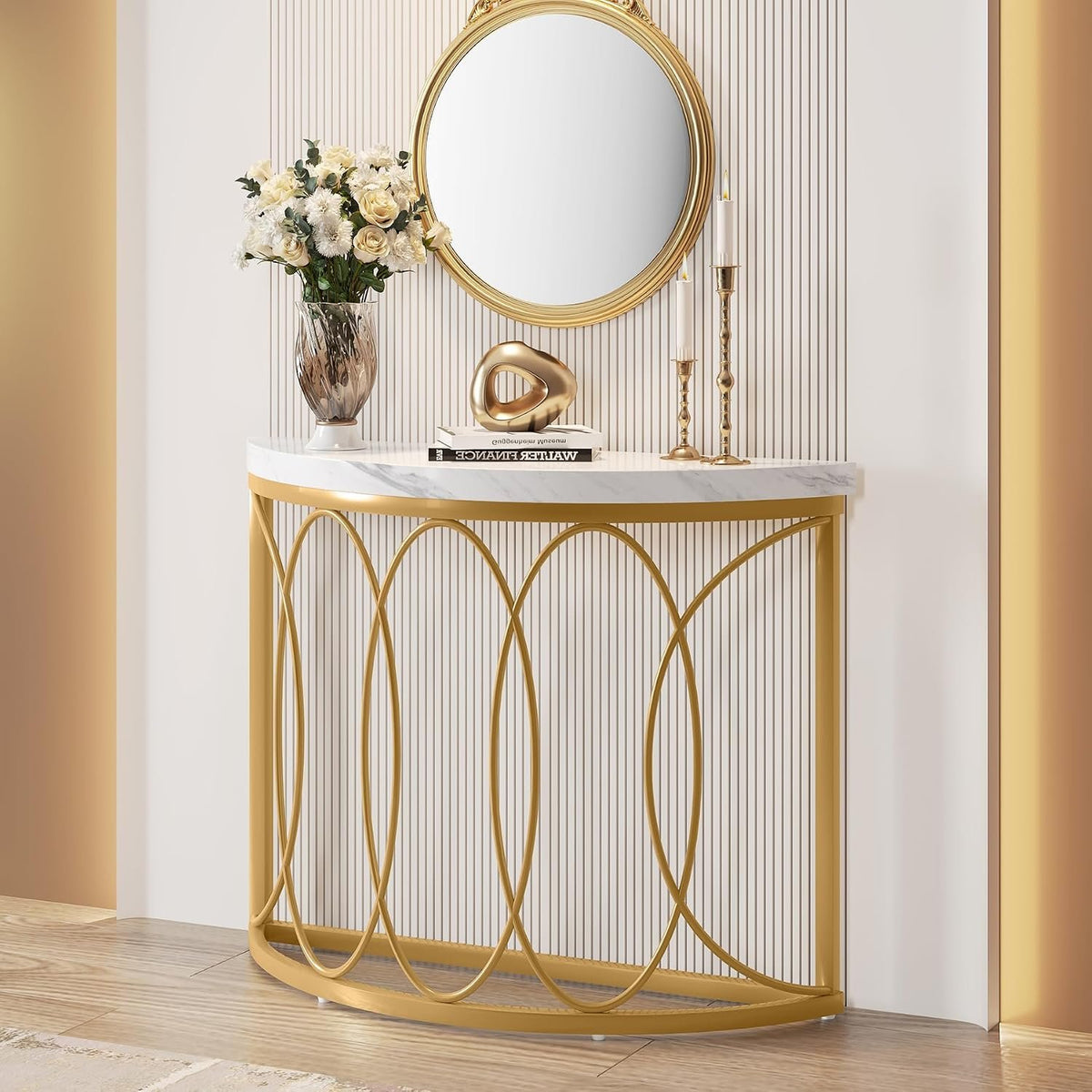 110cm Console Table, Gold Modern Half-Moon Frame for Living Room