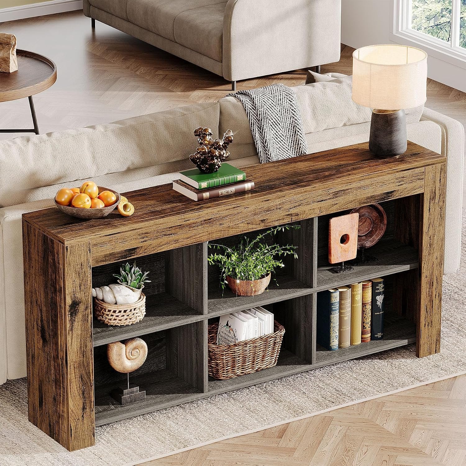 160cm Wood Sofa Table, Rustic Console Table Entryway Table with 6 Storage Cubes