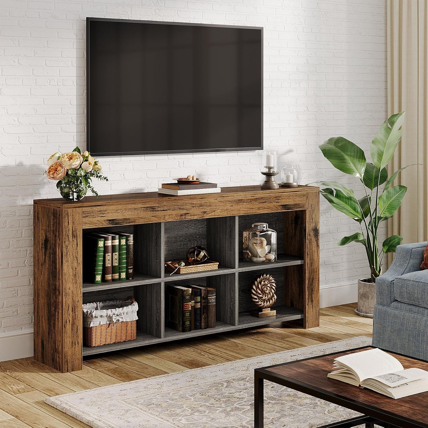 160cm Wood Sofa Table, Rustic Console Table Entryway Table with 6 Storage Cubes