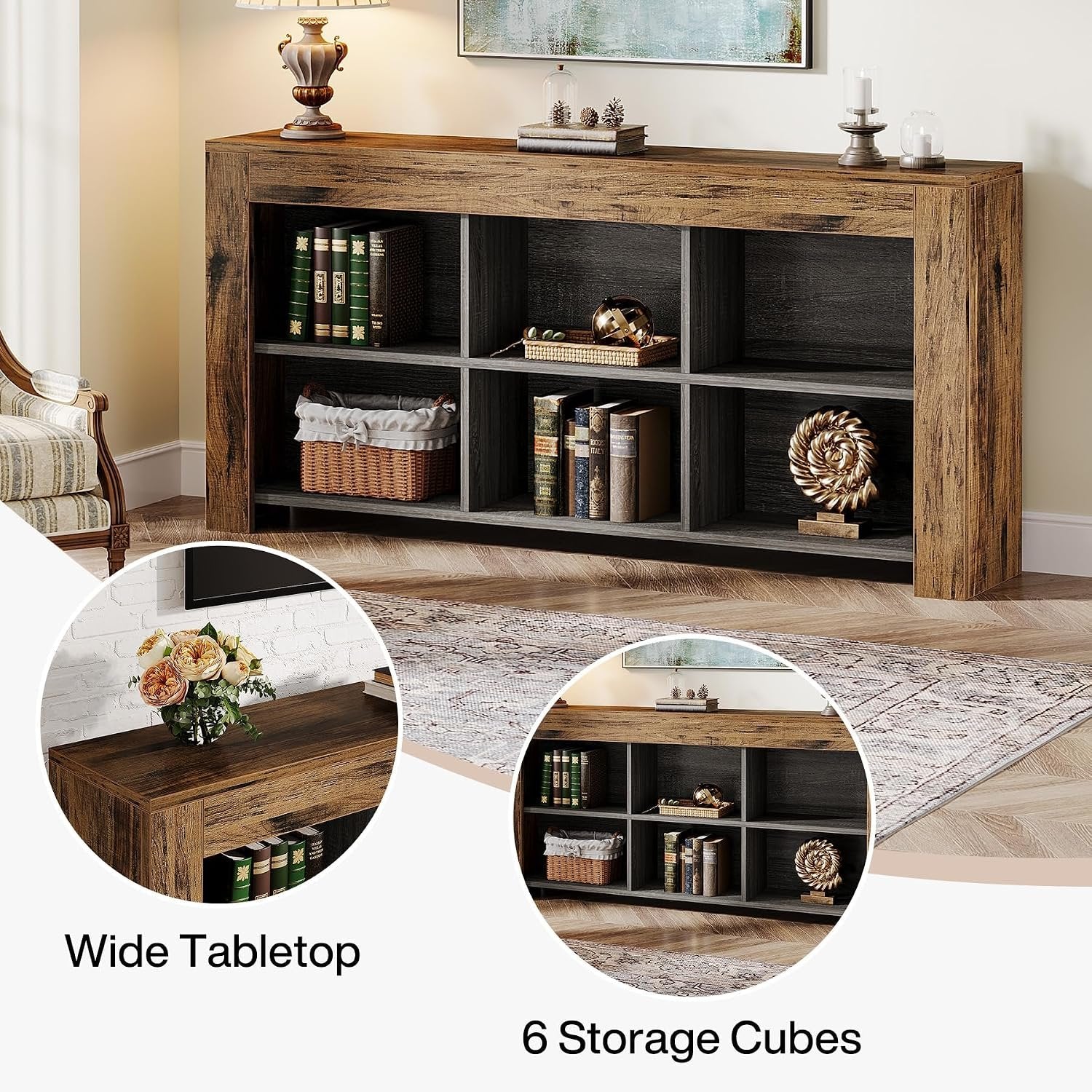 160cm Wood Sofa Table, Rustic Console Table Entryway Table with 6 Storage Cubes