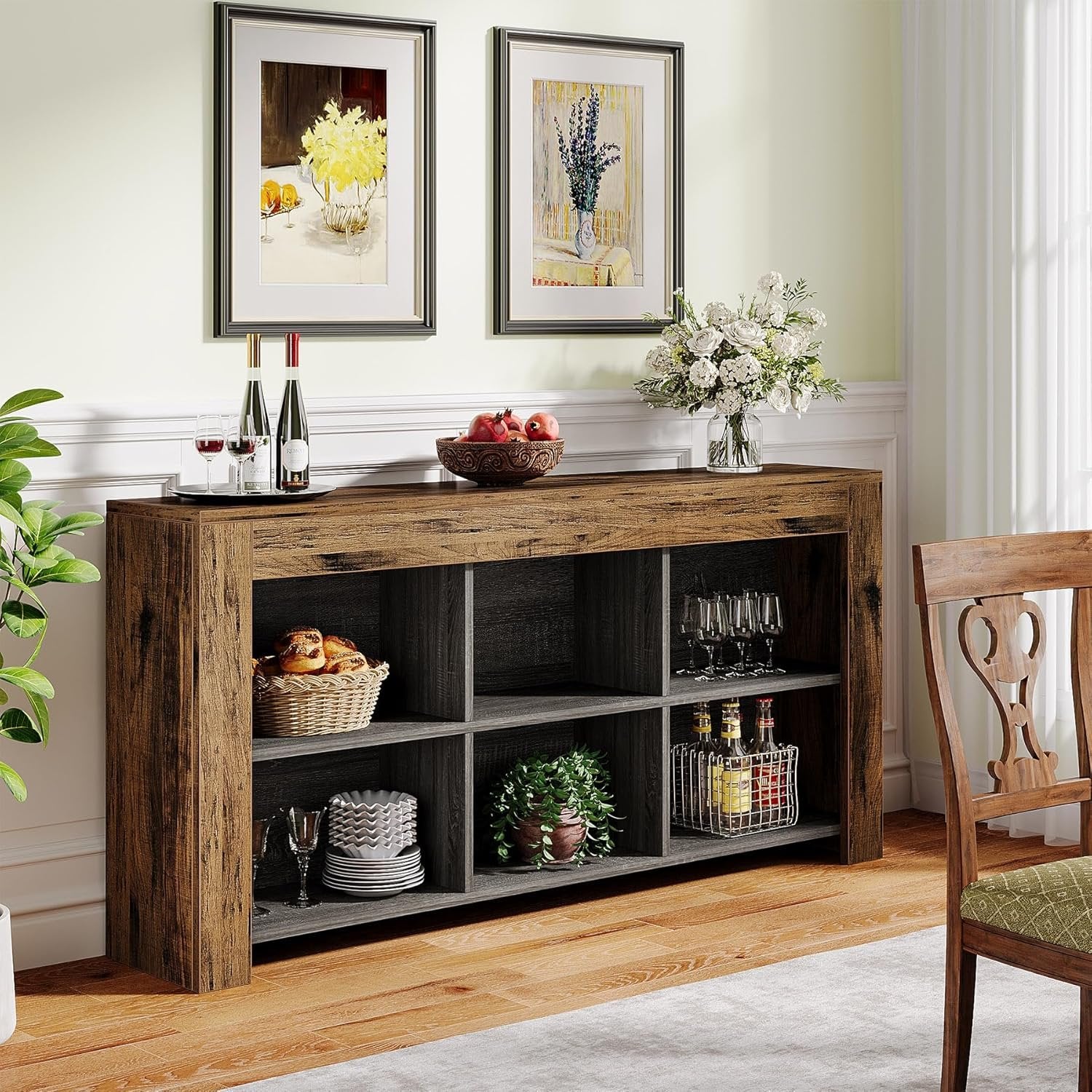 160cm Wood Sofa Table, Rustic Console Table Entryway Table with 6 Storage Cubes
